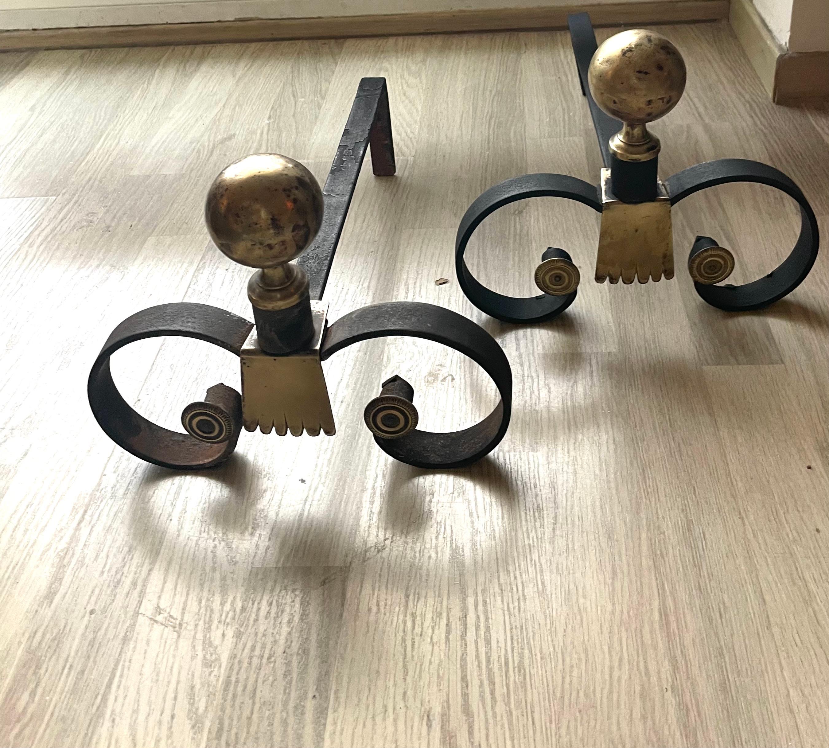 Andirones Art Decó de hierro forjado al estilo de. Gilbert Poillerat, Francia 1935. Francés en venta