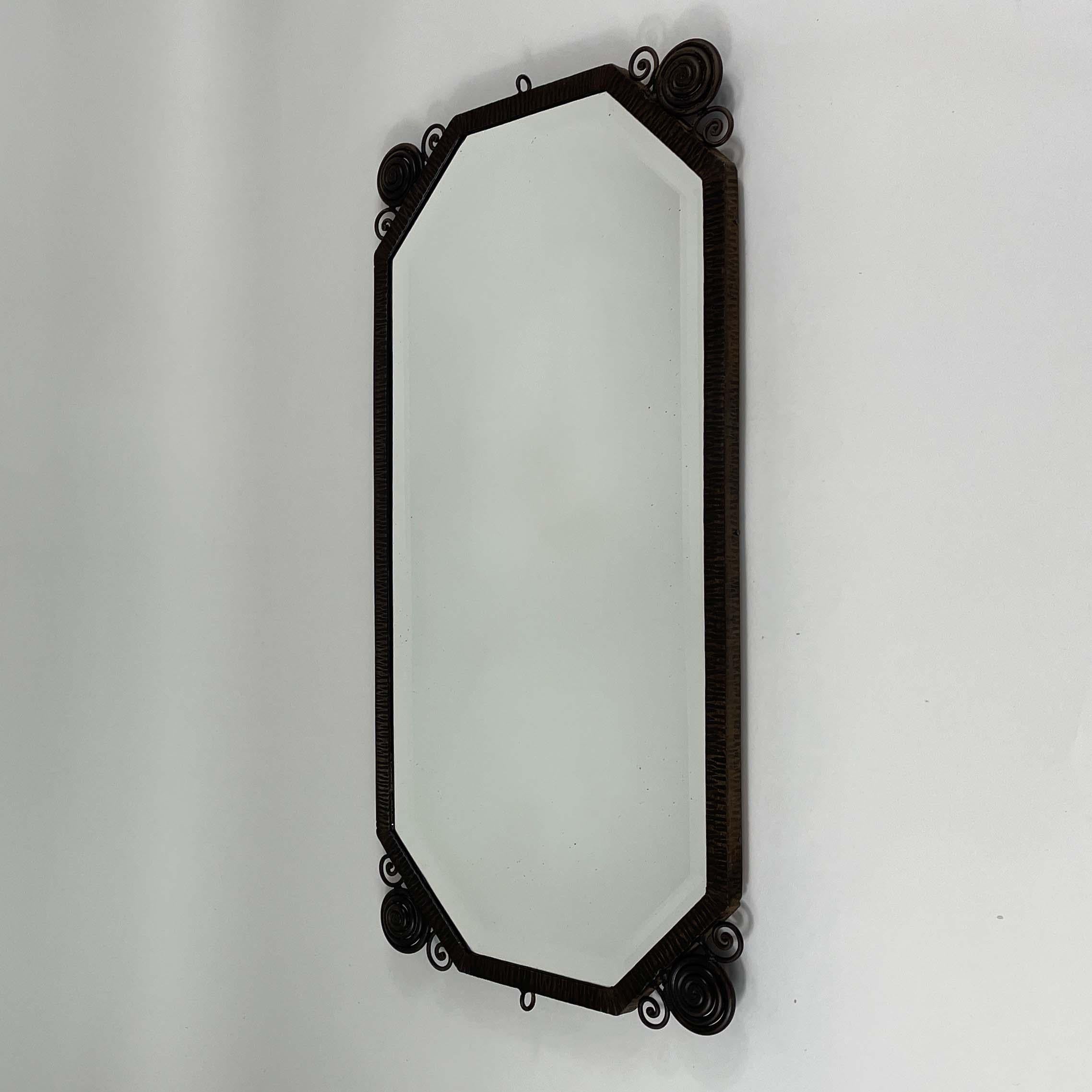 Art Deco Wrought Iron Beveled Wall Mirror, France 1920s For Sale 8