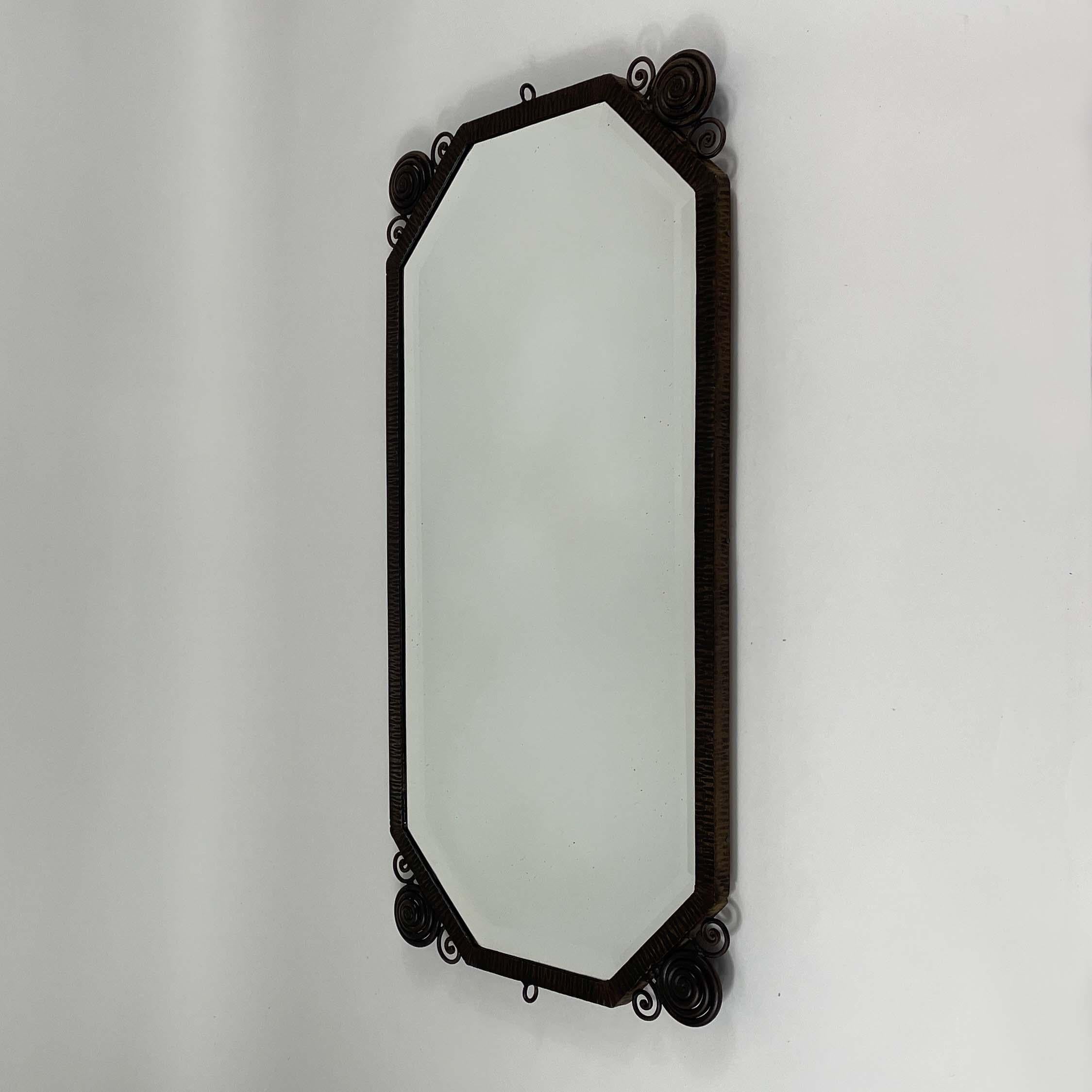 French Art Deco Wrought Iron Beveled Wall Mirror, France 1920s For Sale