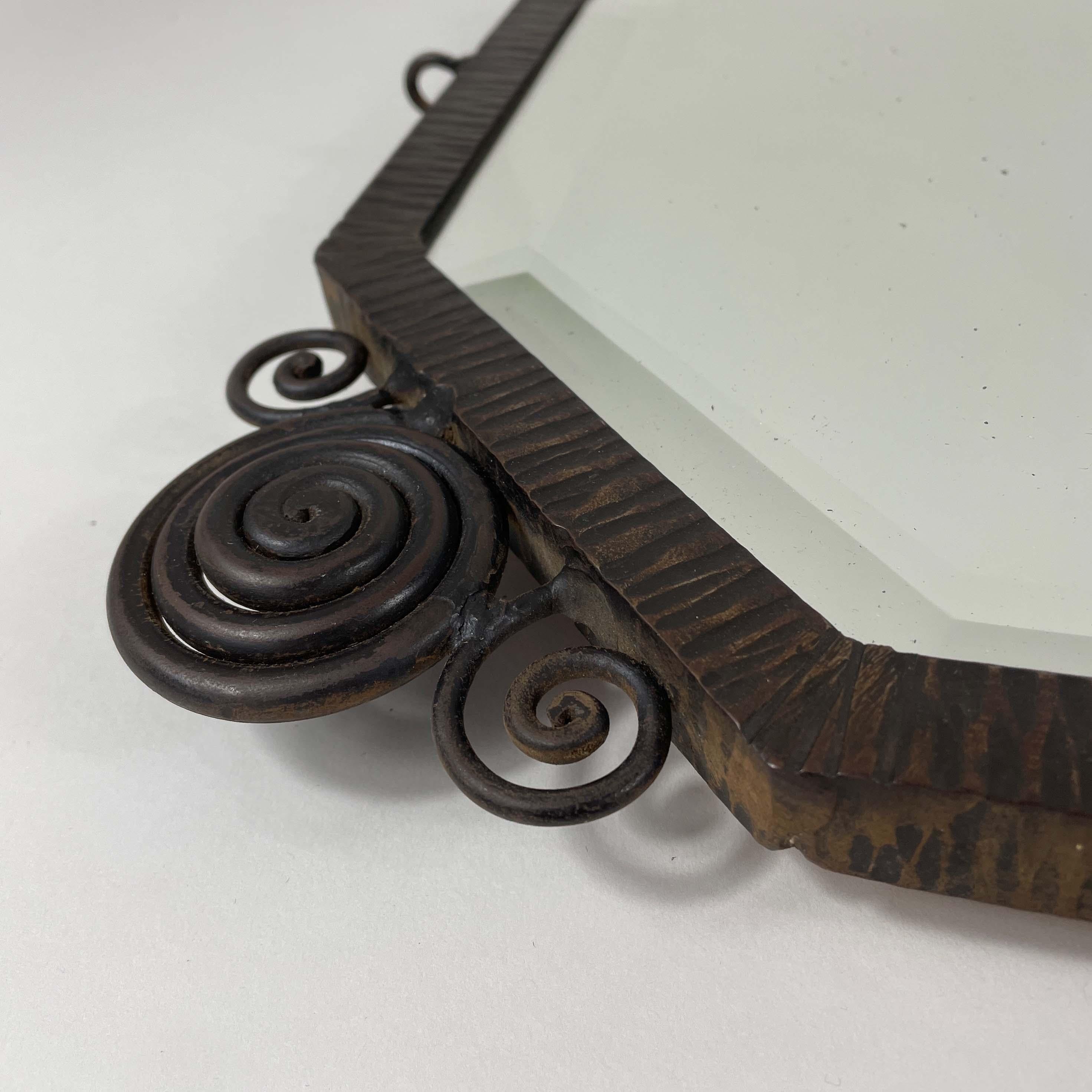 Early 20th Century Art Deco Wrought Iron Beveled Wall Mirror, France 1920s For Sale