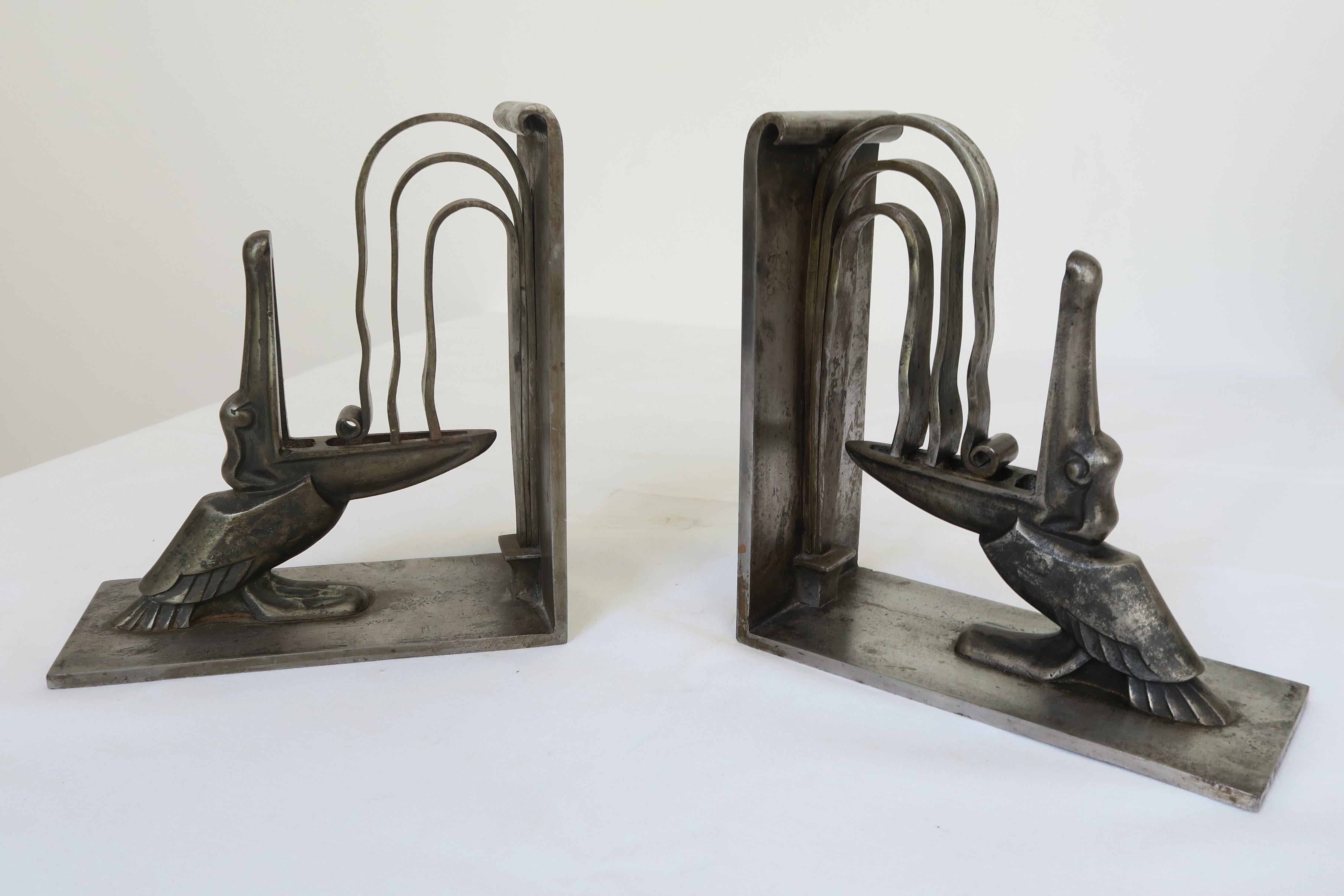 Art Deco Wrought Iron Bookends with Pelican Motif by Edgar Brandt  5