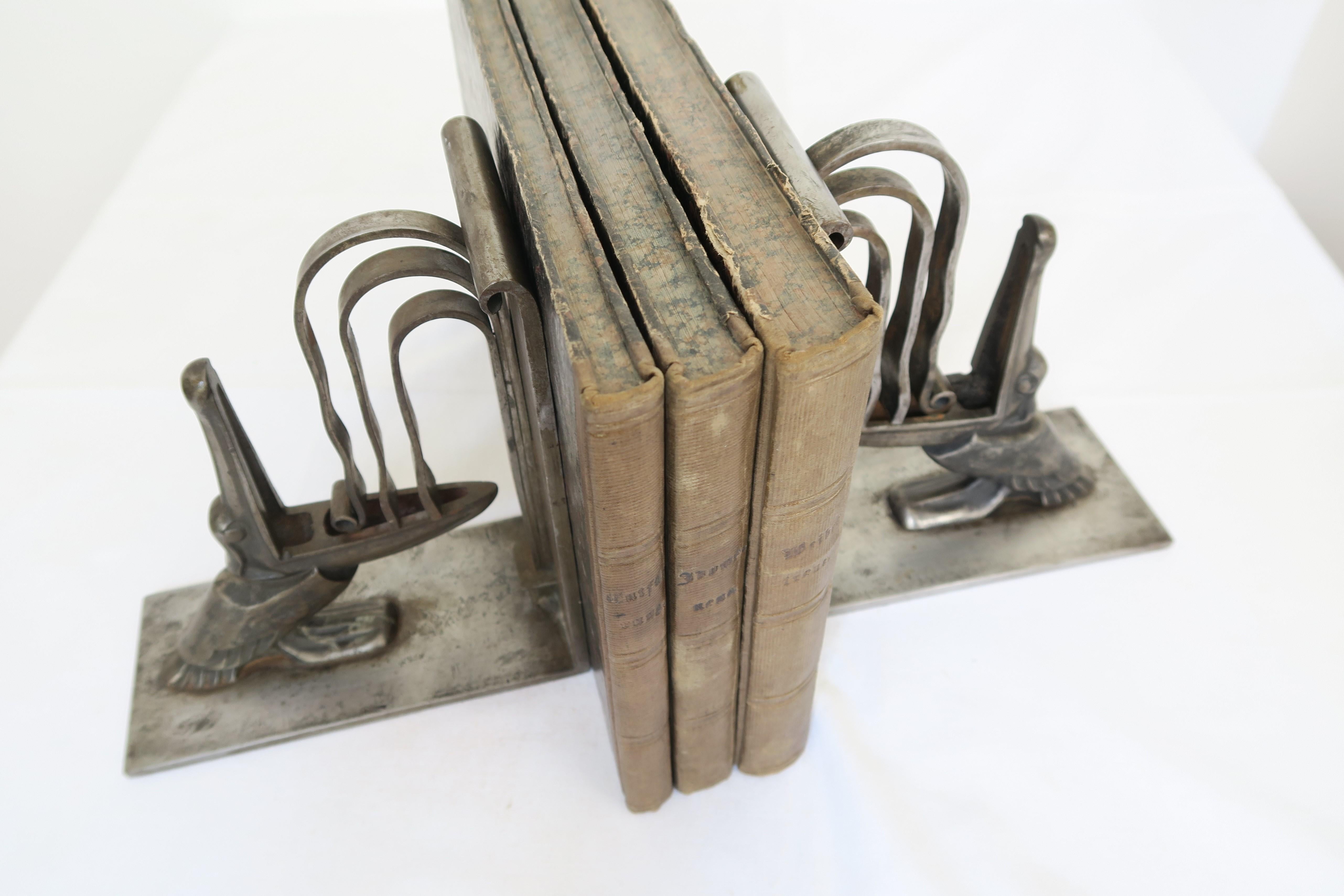 French Art Deco Wrought Iron Bookends with Pelican Motif by Edgar Brandt 