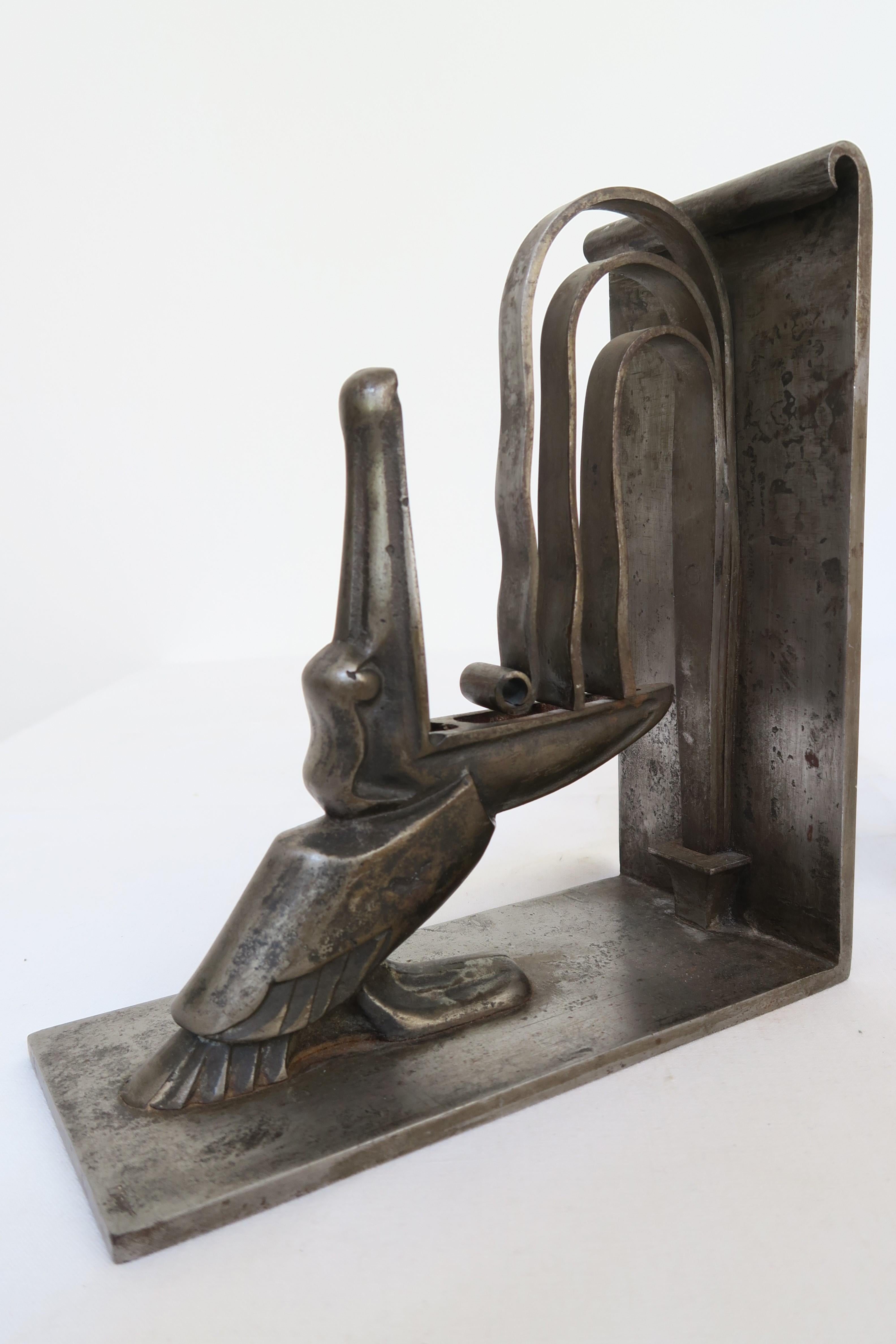 Hand-Crafted Art Deco Wrought Iron Bookends with Pelican Motif by Edgar Brandt 