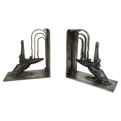 Art Deco Wrought Iron Bookends with Pelican Motif by Edgar Brandt 