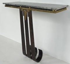 Art Deco Wrought Iron, Brass, Marble Console Table, Subes Manner