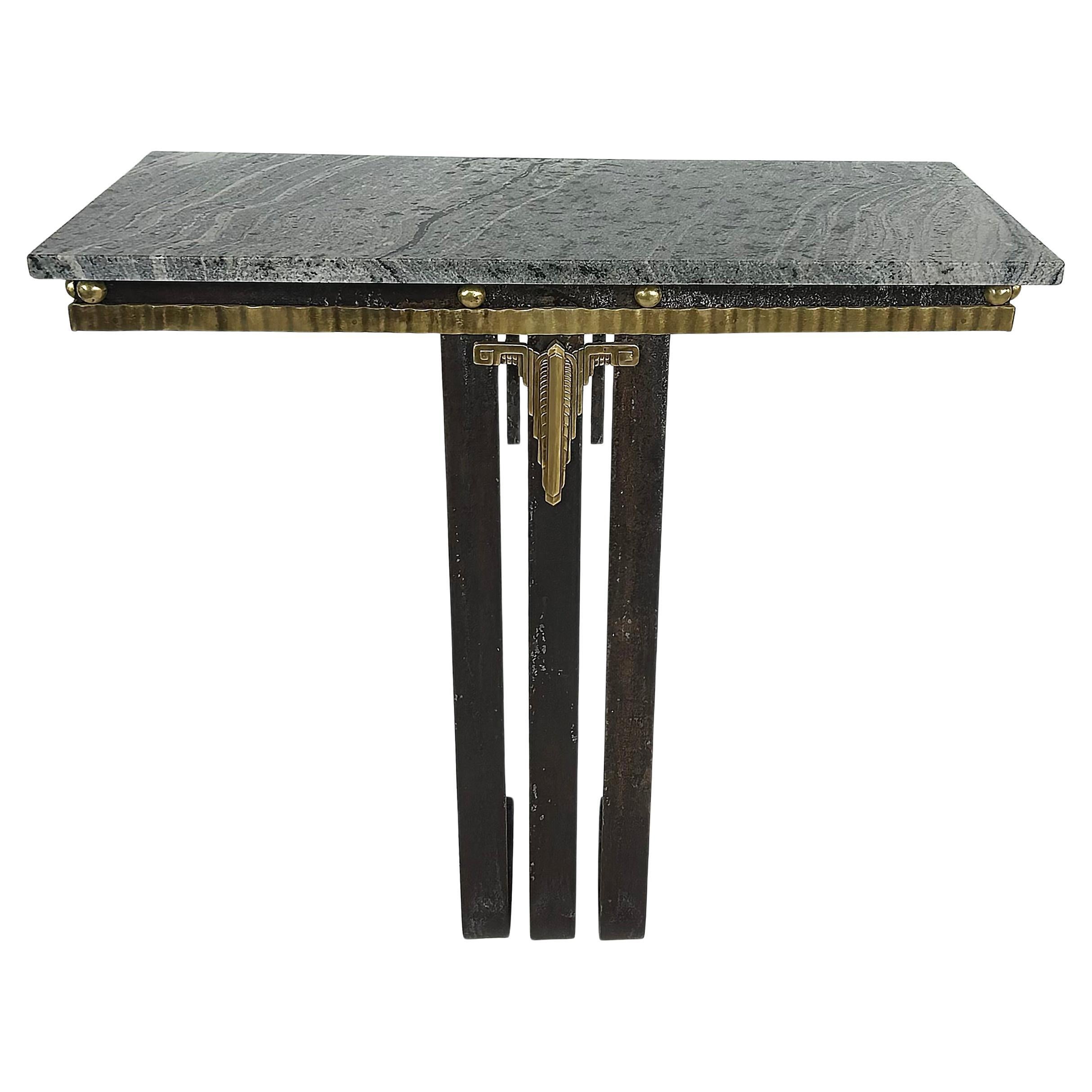 Art Deco Wrought Iron, Brass, Marble Console Table, Subes Manner