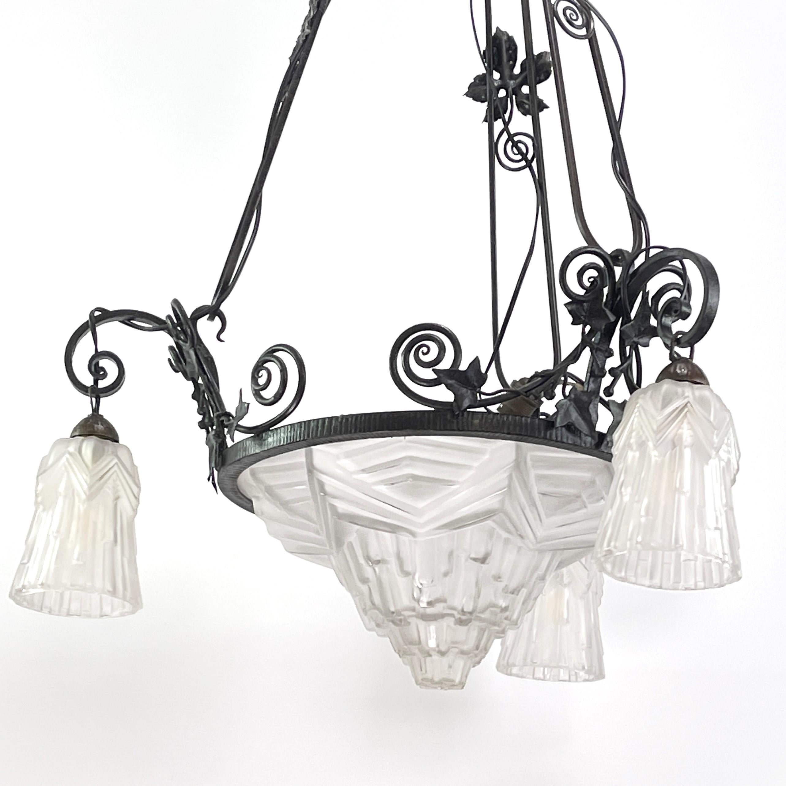 French Art Deco wrought iron Ceiling Lamp, 1930s For Sale