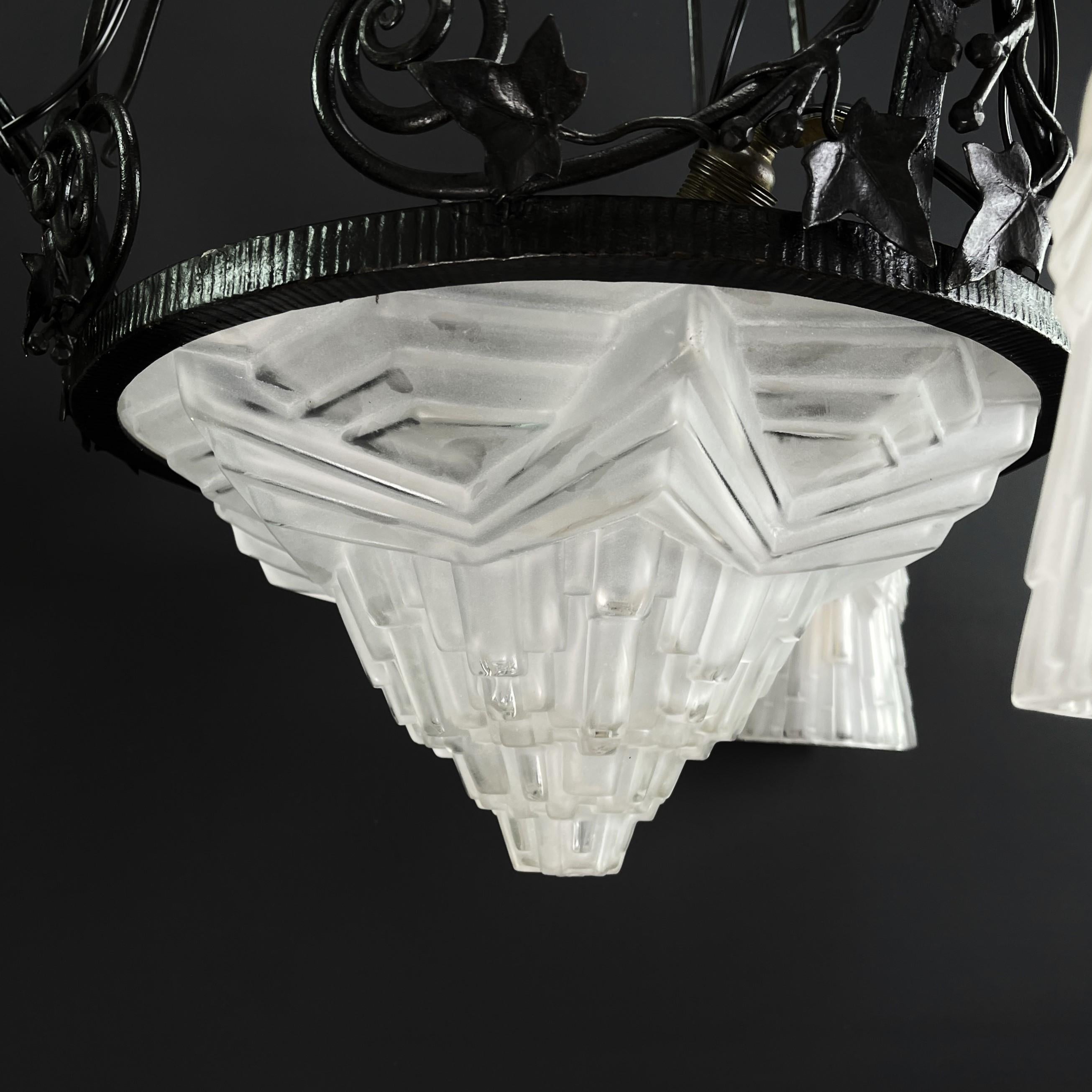 Glass Art Deco wrought iron Ceiling Lamp, 1930s For Sale