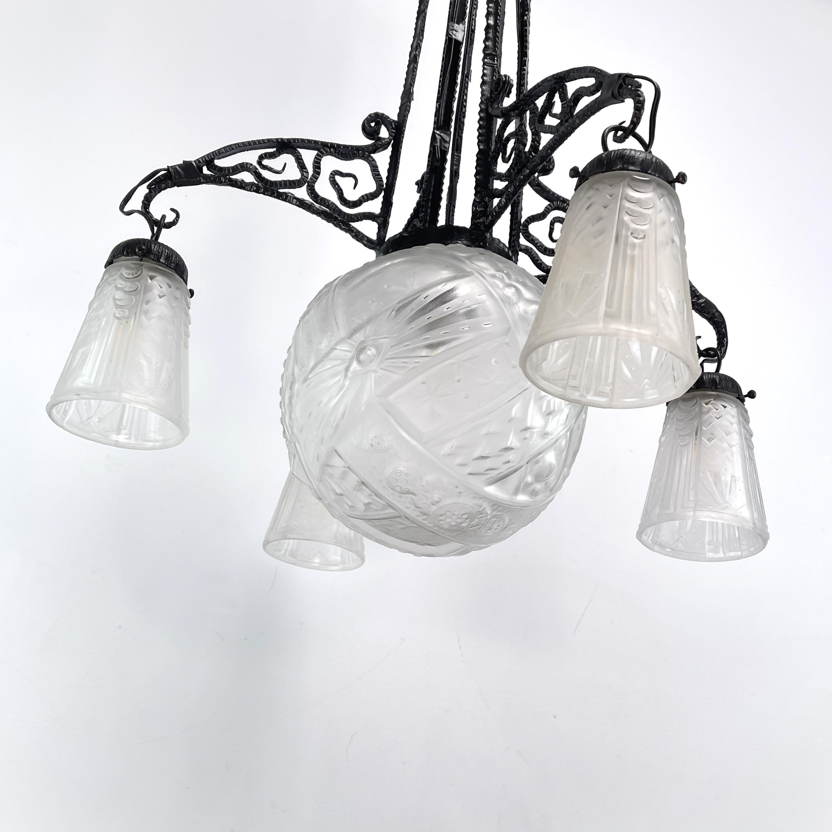 French Art Deco wrought iron Ceiling Lamp by Muller Freres, Luneville, 1930s For Sale