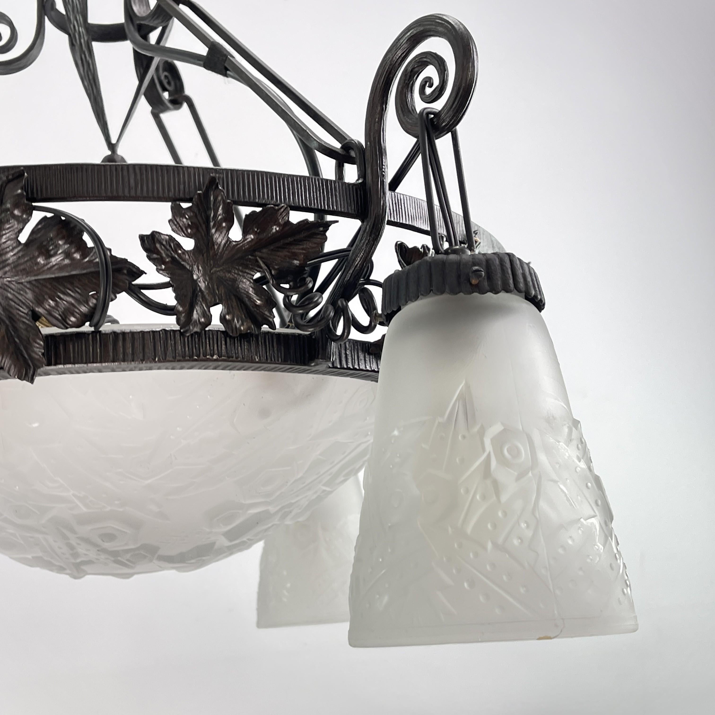 Mid-20th Century Art Deco wrought iron Ceiling Lamp by Muller Freres, Luneville, 1930s For Sale