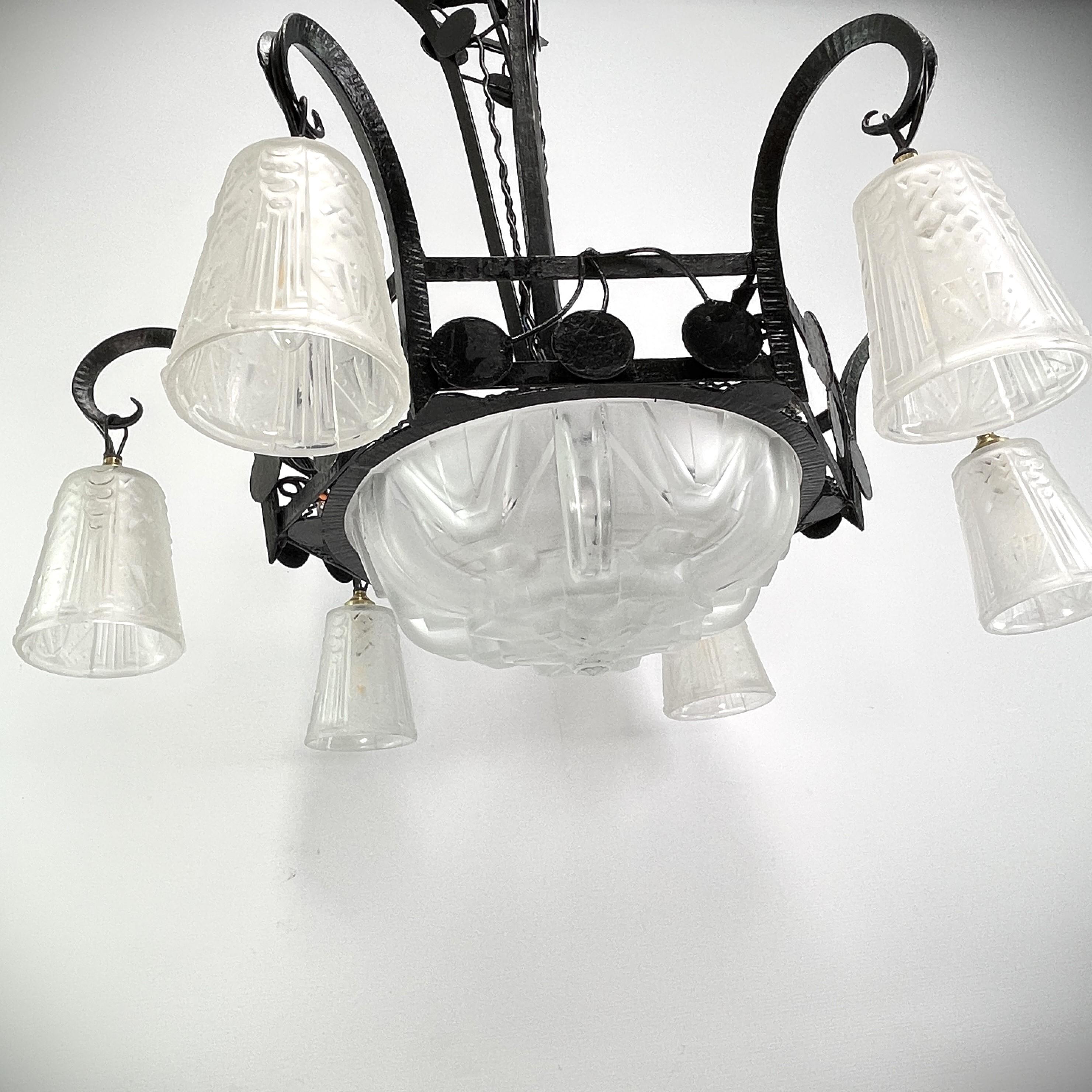 Mid-20th Century Art Deco wrought iron Ceiling Lamp by Muller Freres, Luneville, 1930s For Sale