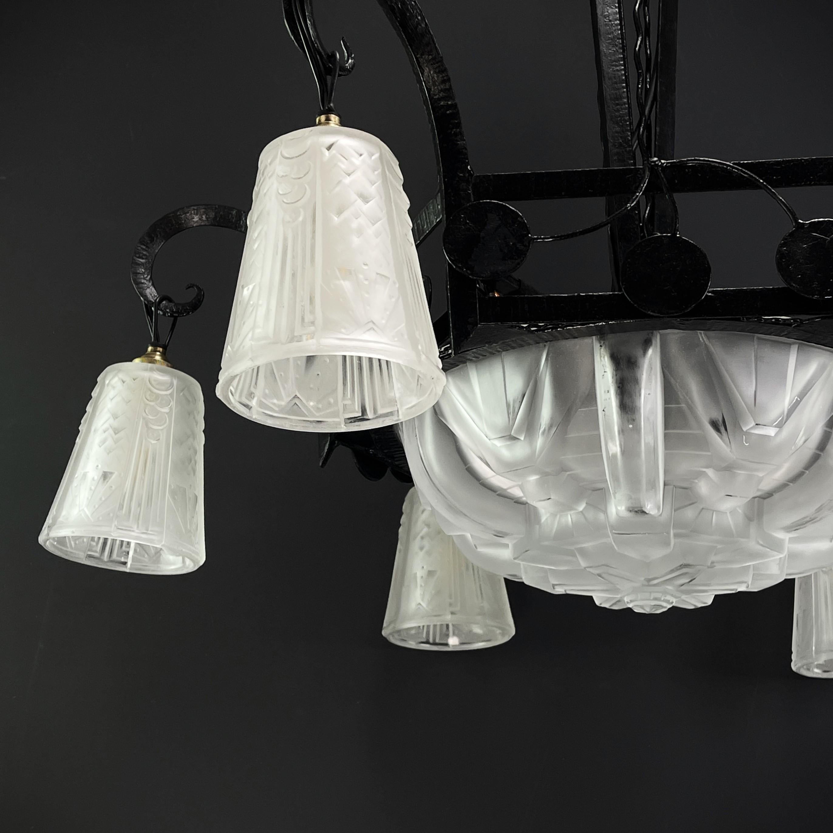 Glass Art Deco wrought iron Ceiling Lamp by Muller Freres, Luneville, 1930s For Sale