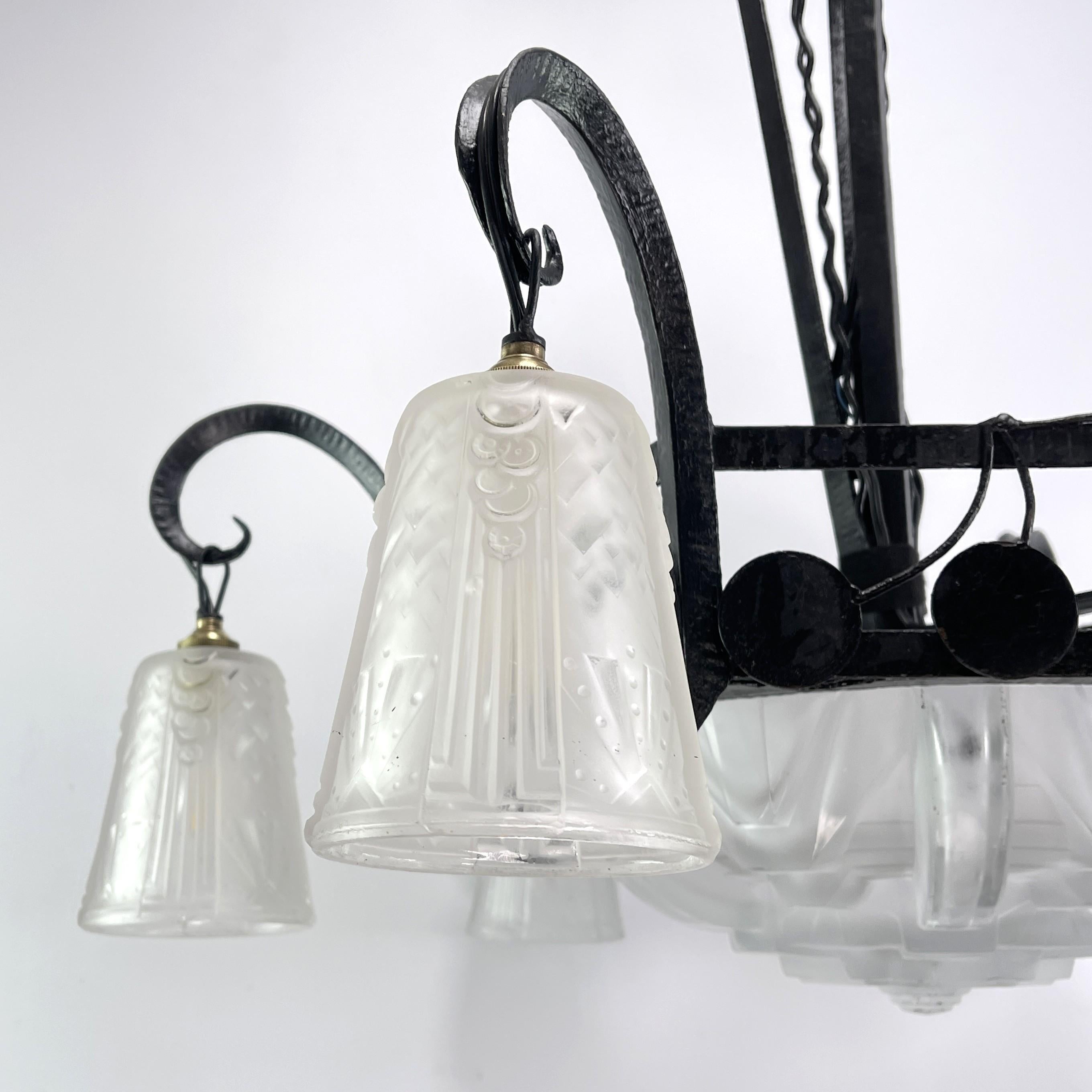 Art Deco wrought iron Ceiling Lamp by Muller Freres, Luneville, 1930s For Sale 1