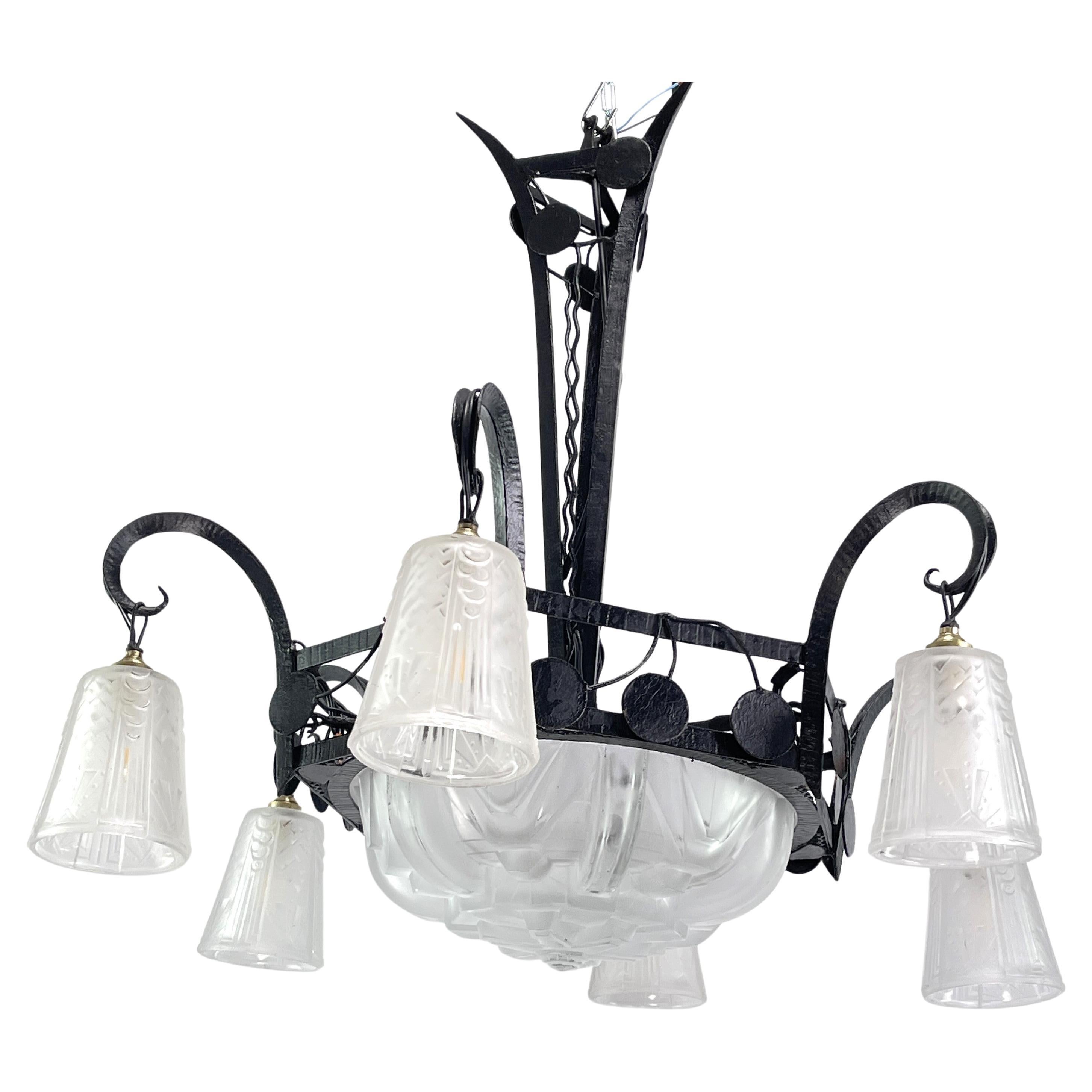 Art Deco wrought iron Ceiling Lamp by Muller Freres, Luneville, 1930s For Sale
