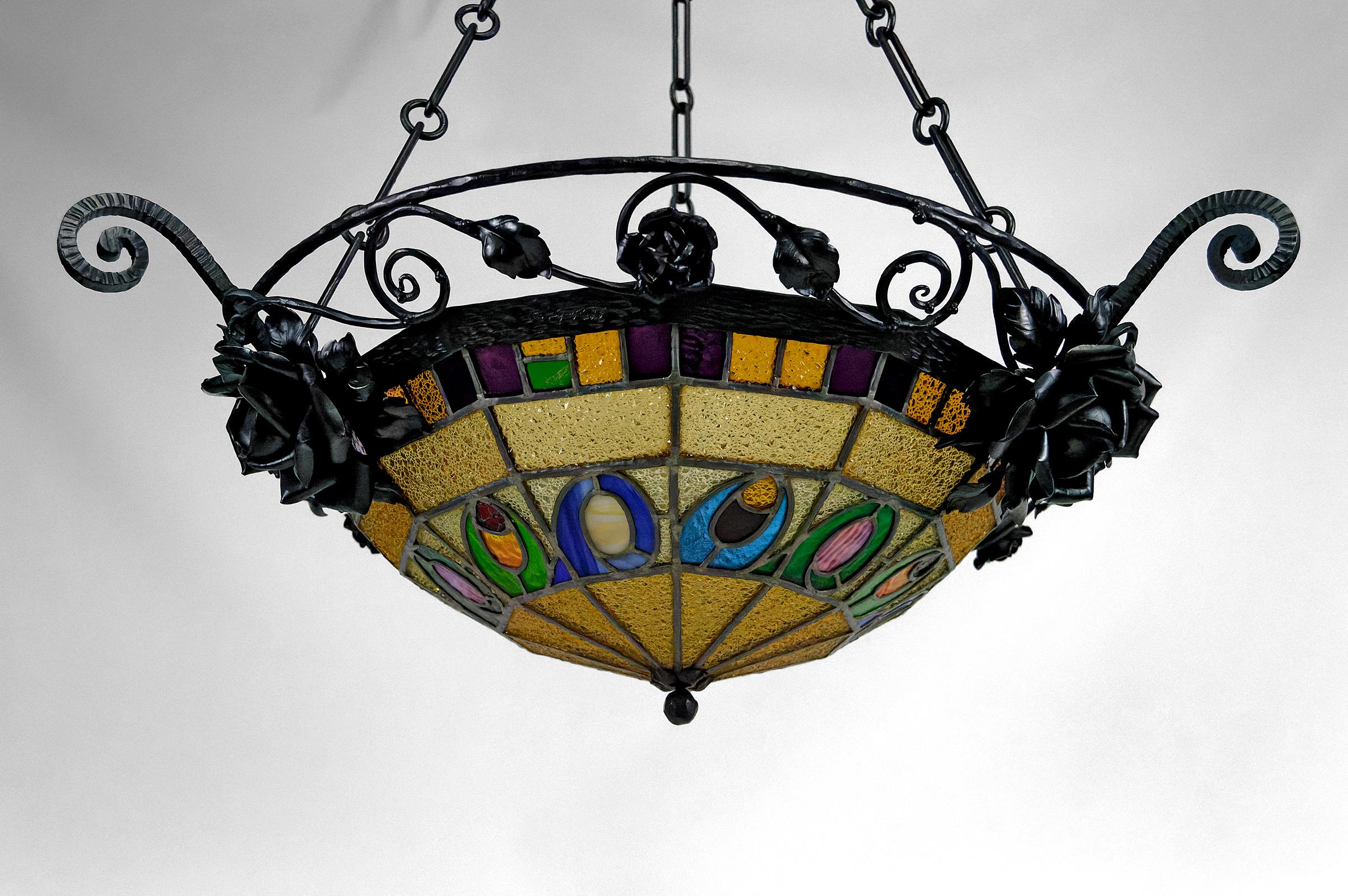 Art Deco wrought iron chandelier by Augustin Louis Calmels, France, Circa 1920 For Sale 3