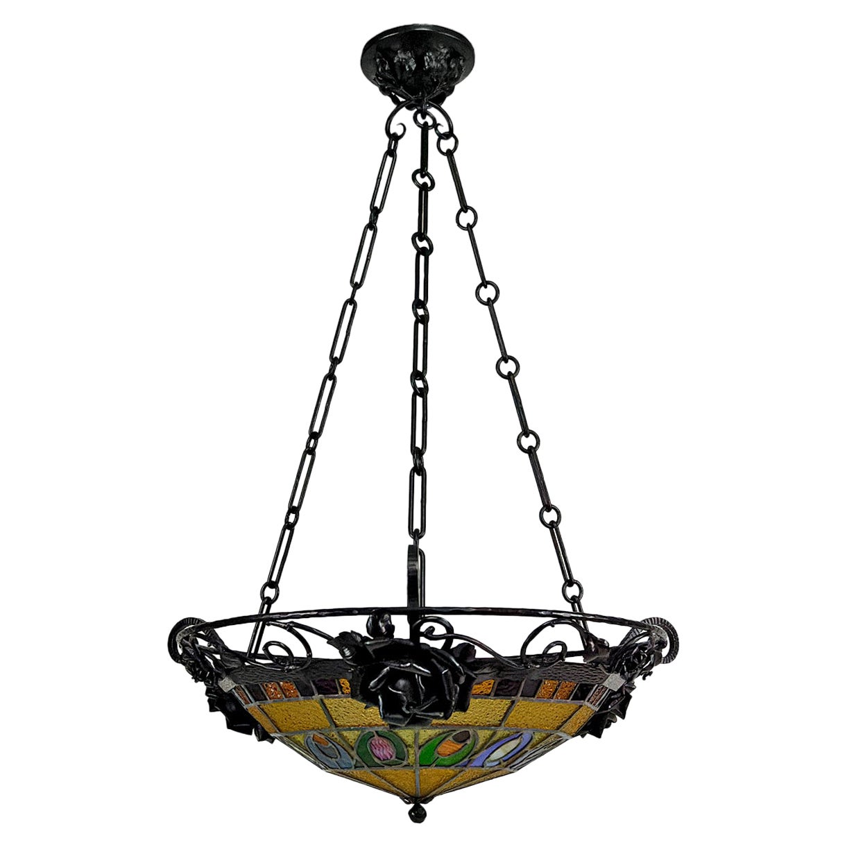 Lampadario Art Deco in ferro battuto di Augustin Louis Calmels, Francia, CIRCA 1920
