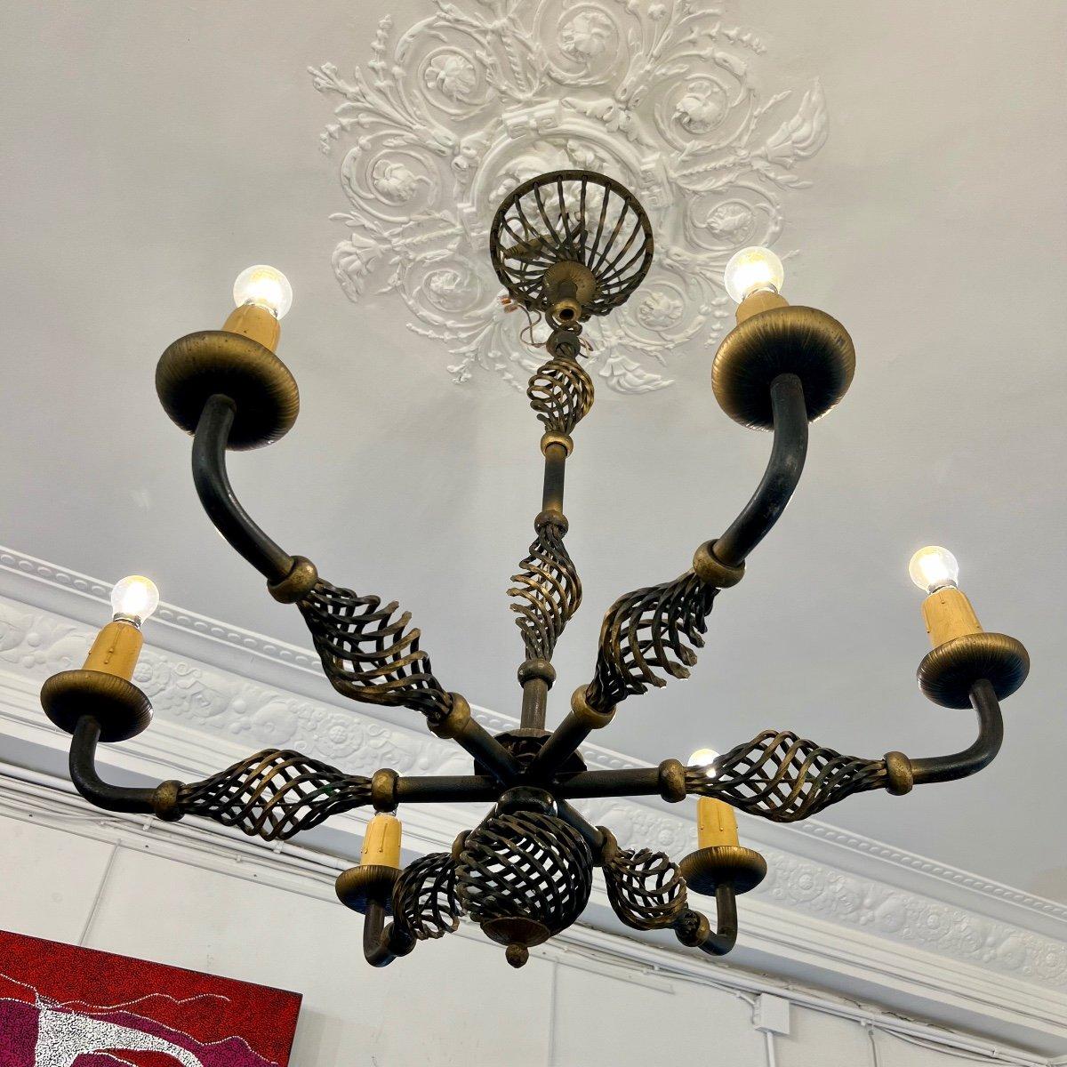 Art Deco Wrought Iron Chandelier with Six Arms, 1940 In Good Condition For Sale In NICE, FR