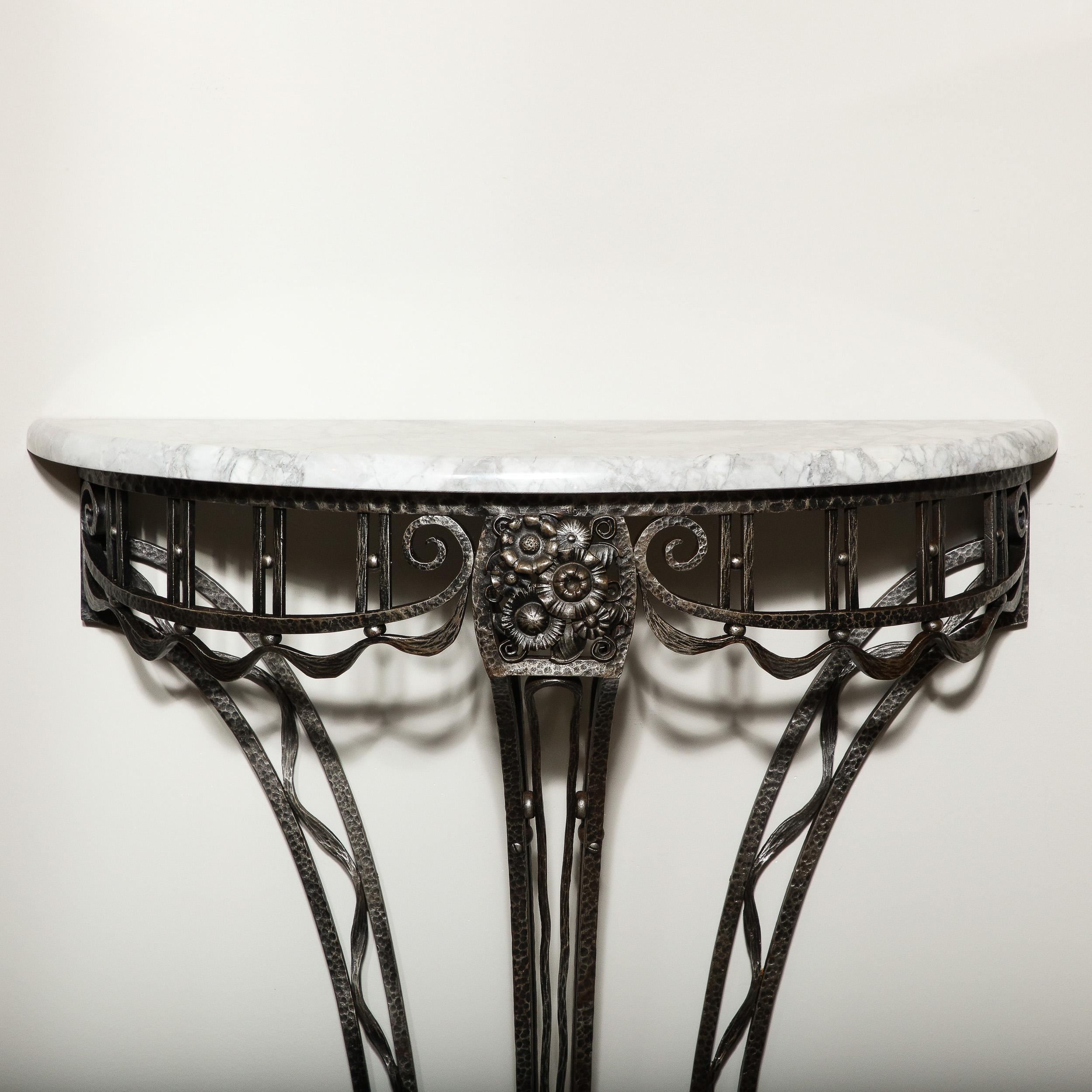 French Art Deco Wrought Iron Console Table w/ Stylized Geometric Details & Grey Marble For Sale