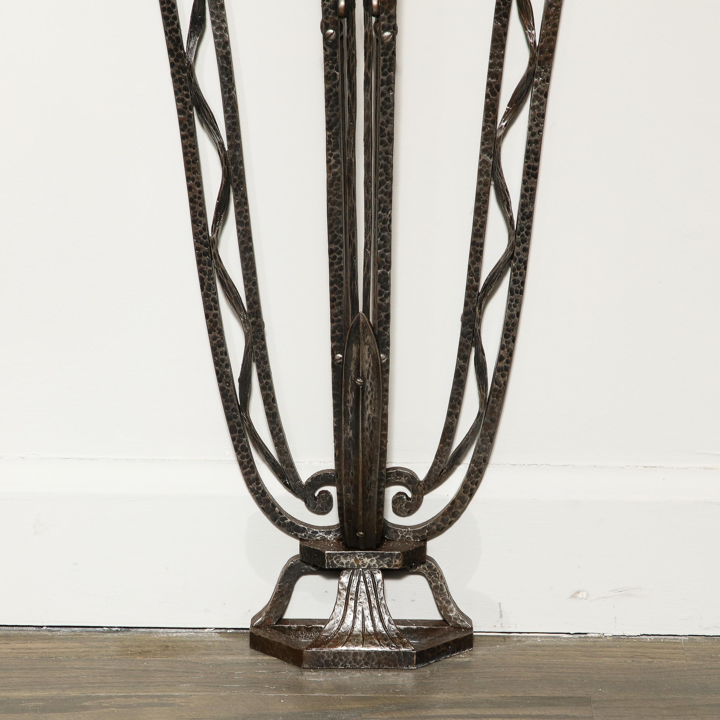 Art Deco Wrought Iron Console Table w/ Stylized Geometric Details & Grey Marble In Excellent Condition For Sale In New York, NY