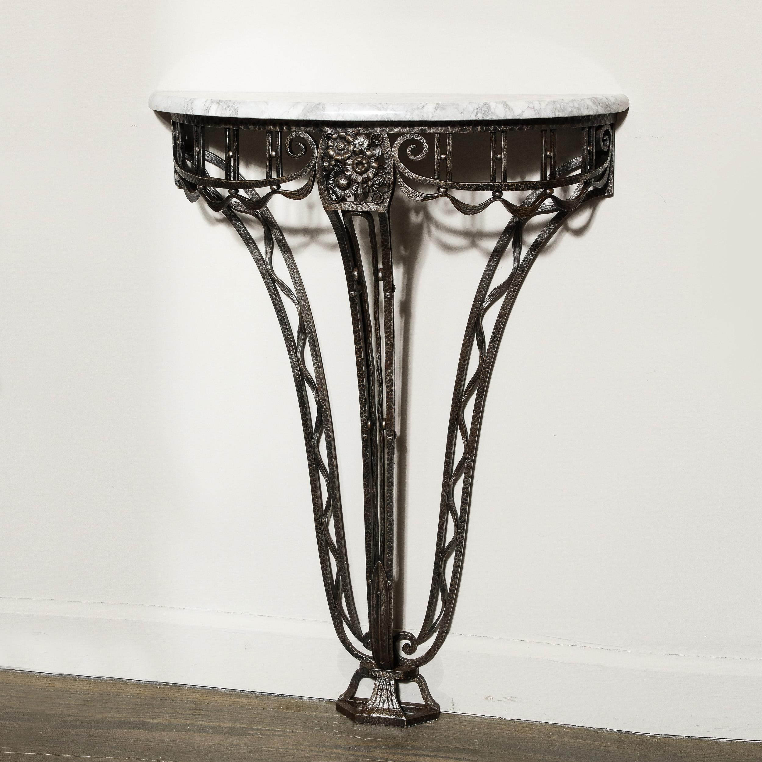 Mid-20th Century Art Deco Wrought Iron Console Table w/ Stylized Geometric Details & Grey Marble For Sale