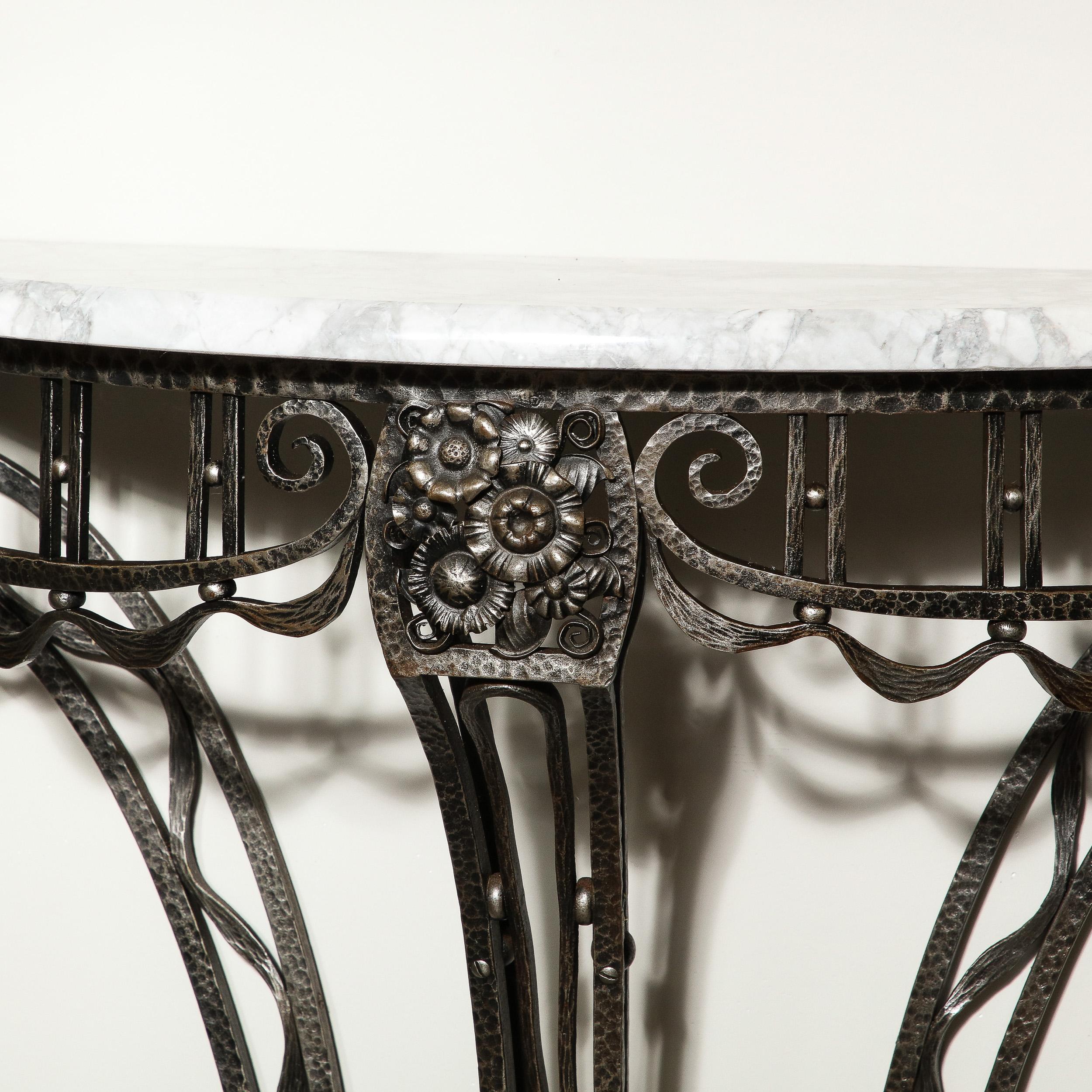 Art Deco Wrought Iron Console Table w/ Stylized Geometric Details & Grey Marble For Sale 1