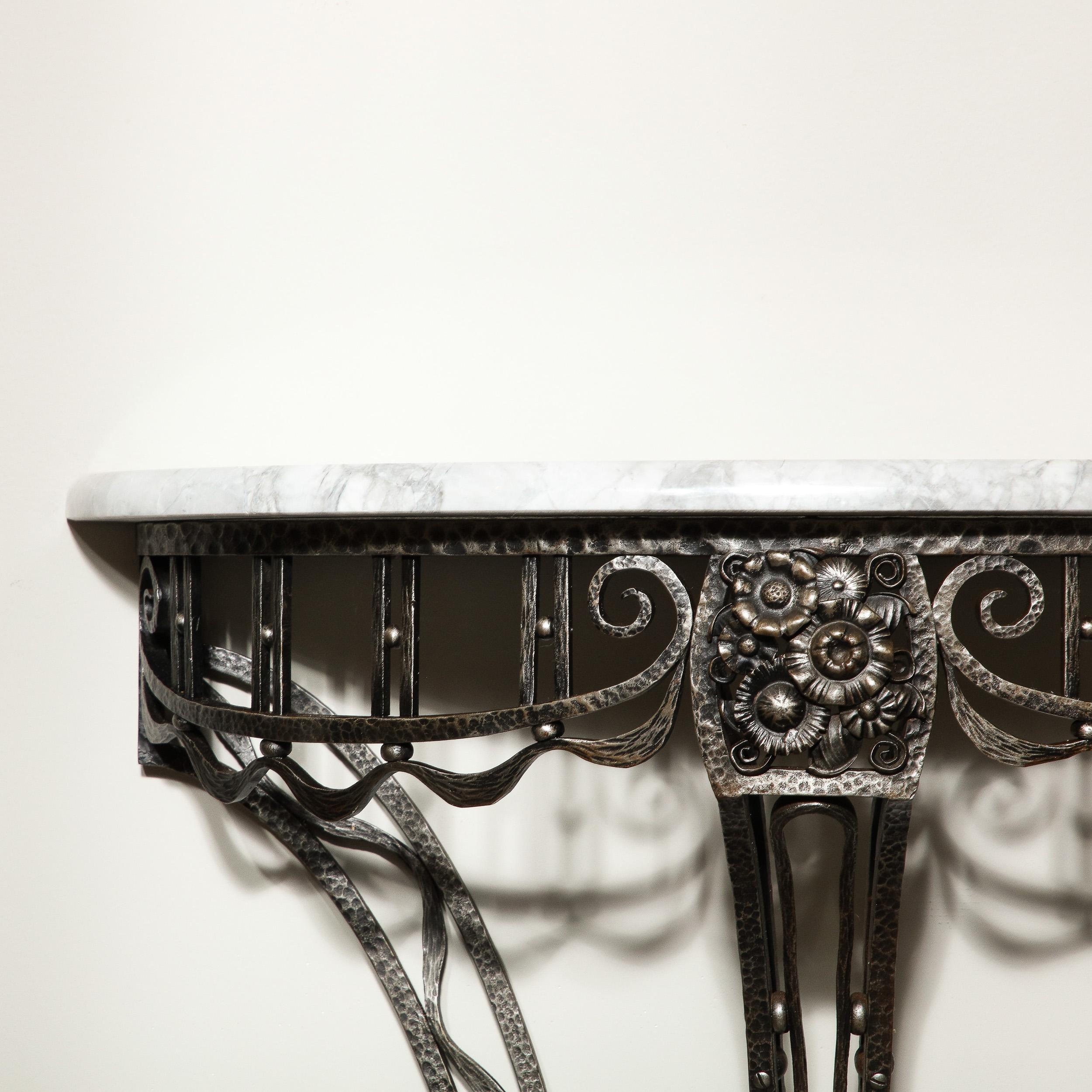 Art Deco Wrought Iron Console Table w/ Stylized Geometric Details & Grey Marble For Sale 2