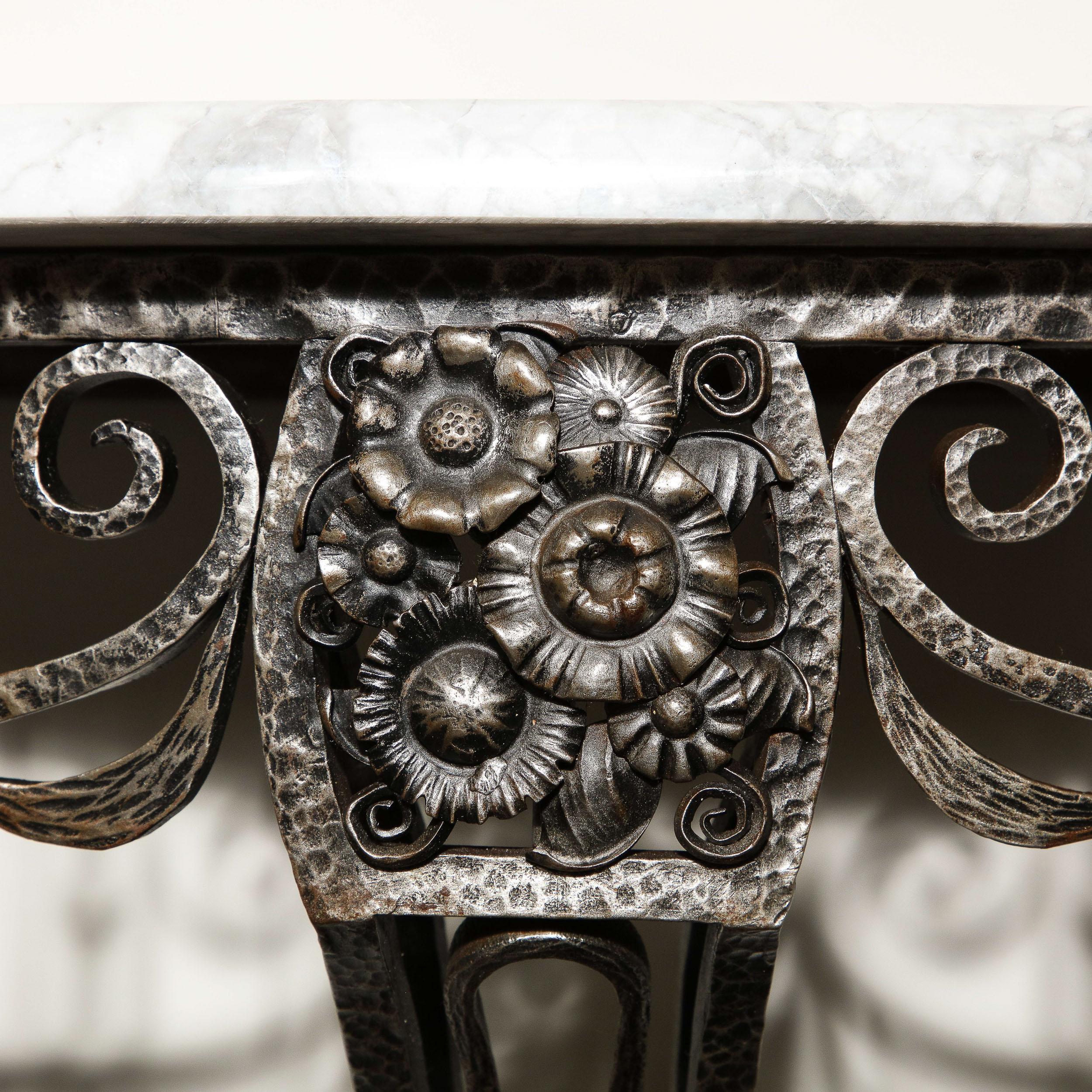 Art Deco Wrought Iron Console Table w/ Stylized Geometric Details & Grey Marble For Sale 4
