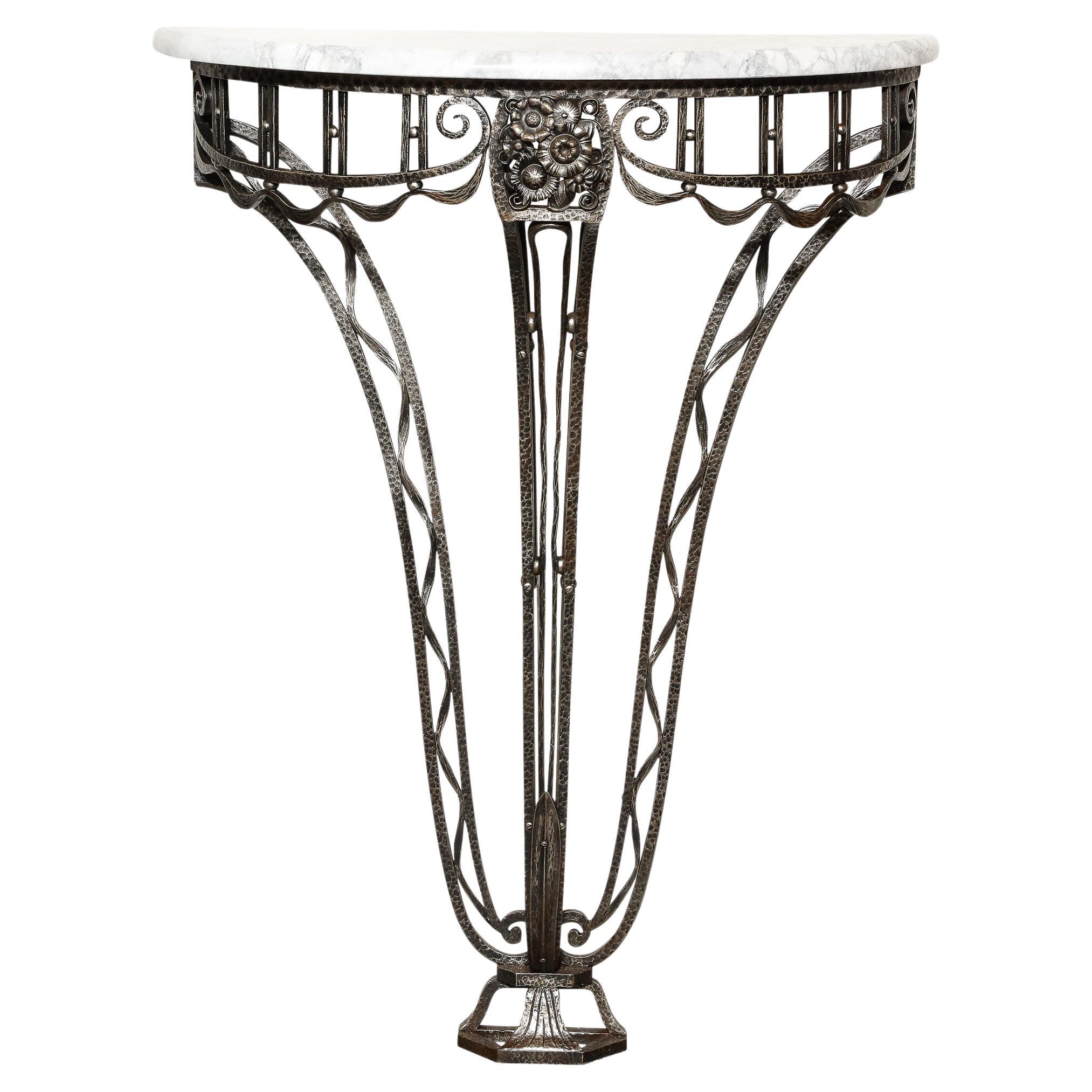 Art Deco Wrought Iron Console Table w/ Stylized Geometric Details & Grey Marble