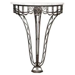 Vintage Art Deco Wrought Iron Console Table w/ Stylized Geometric Details & Grey Marble