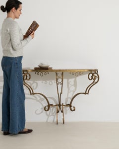 Art Deco Wrought Iron Console Table with Marble Top