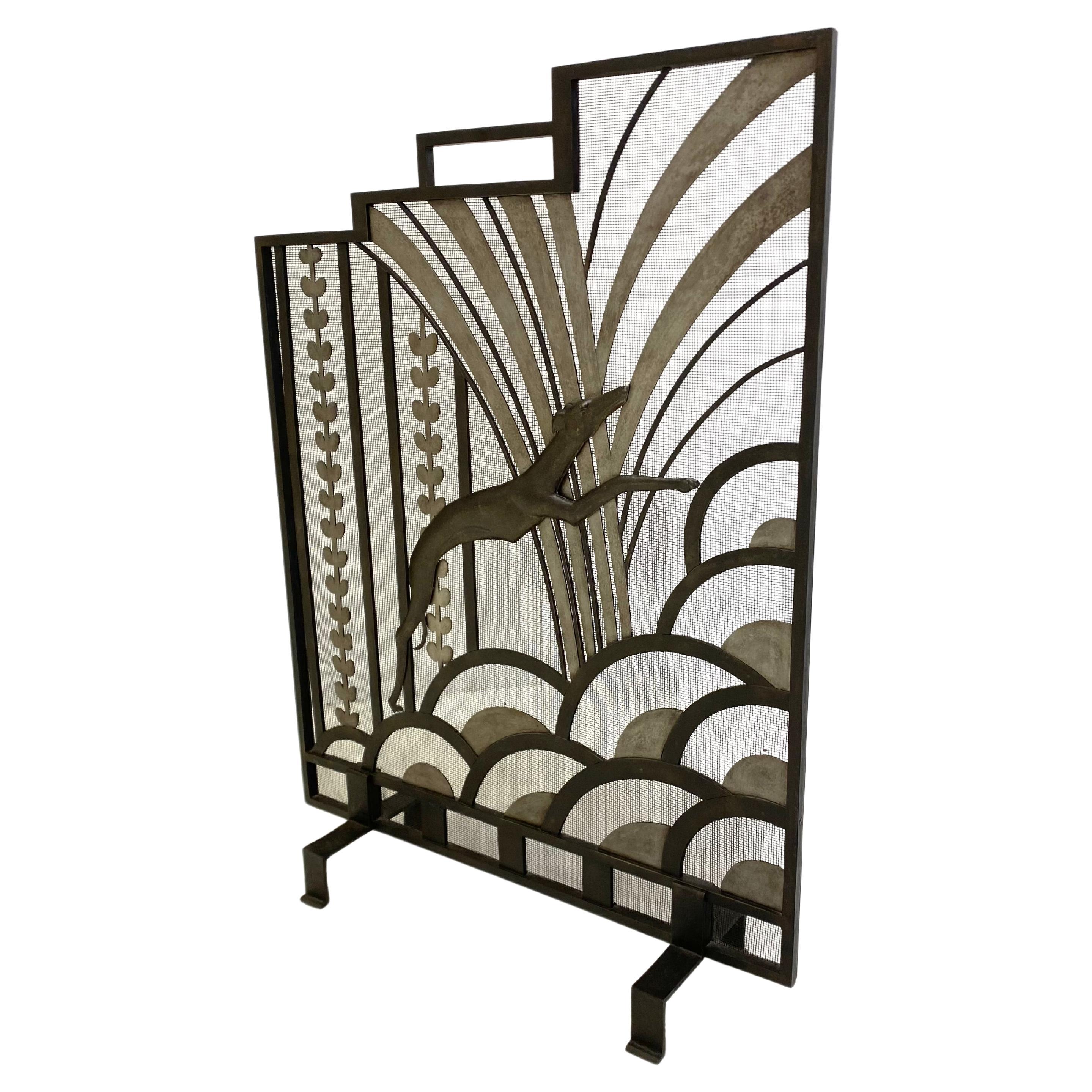 Art Deco Wrought Iron Fire Screen Decorated with a Greyhound For Sale