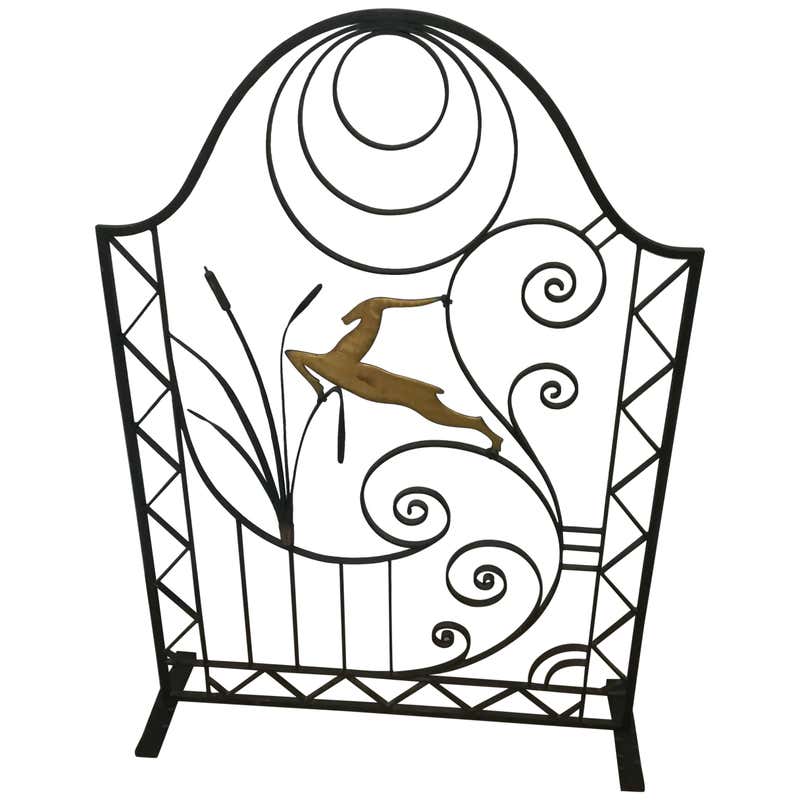 Rare Hand-Forged Wrought Iron Firescreen with Stylized Spreading-Wing ...