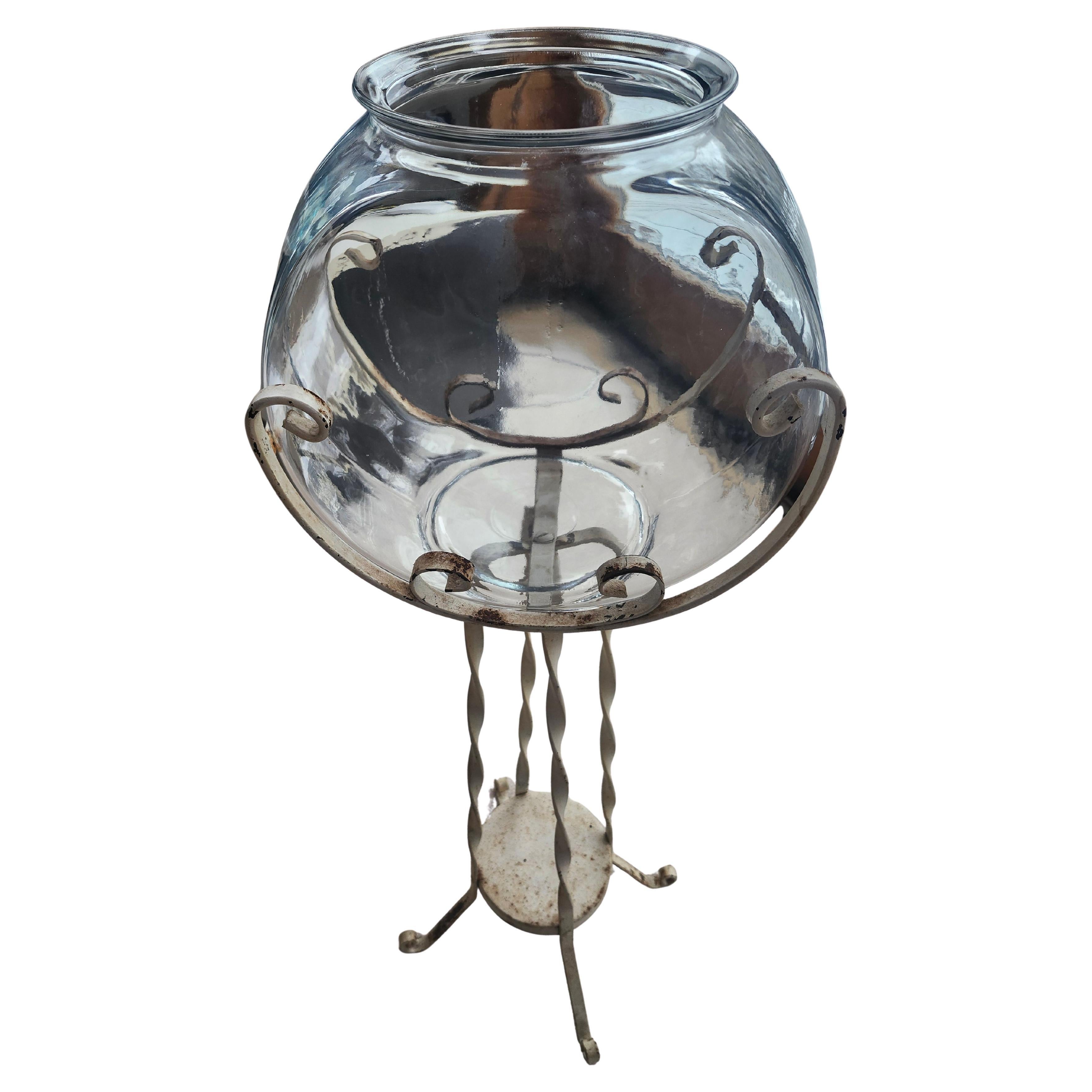 Hand-Crafted Art Deco Wrought Iron Fish Bowl Stand with Glass Bowl For Sale