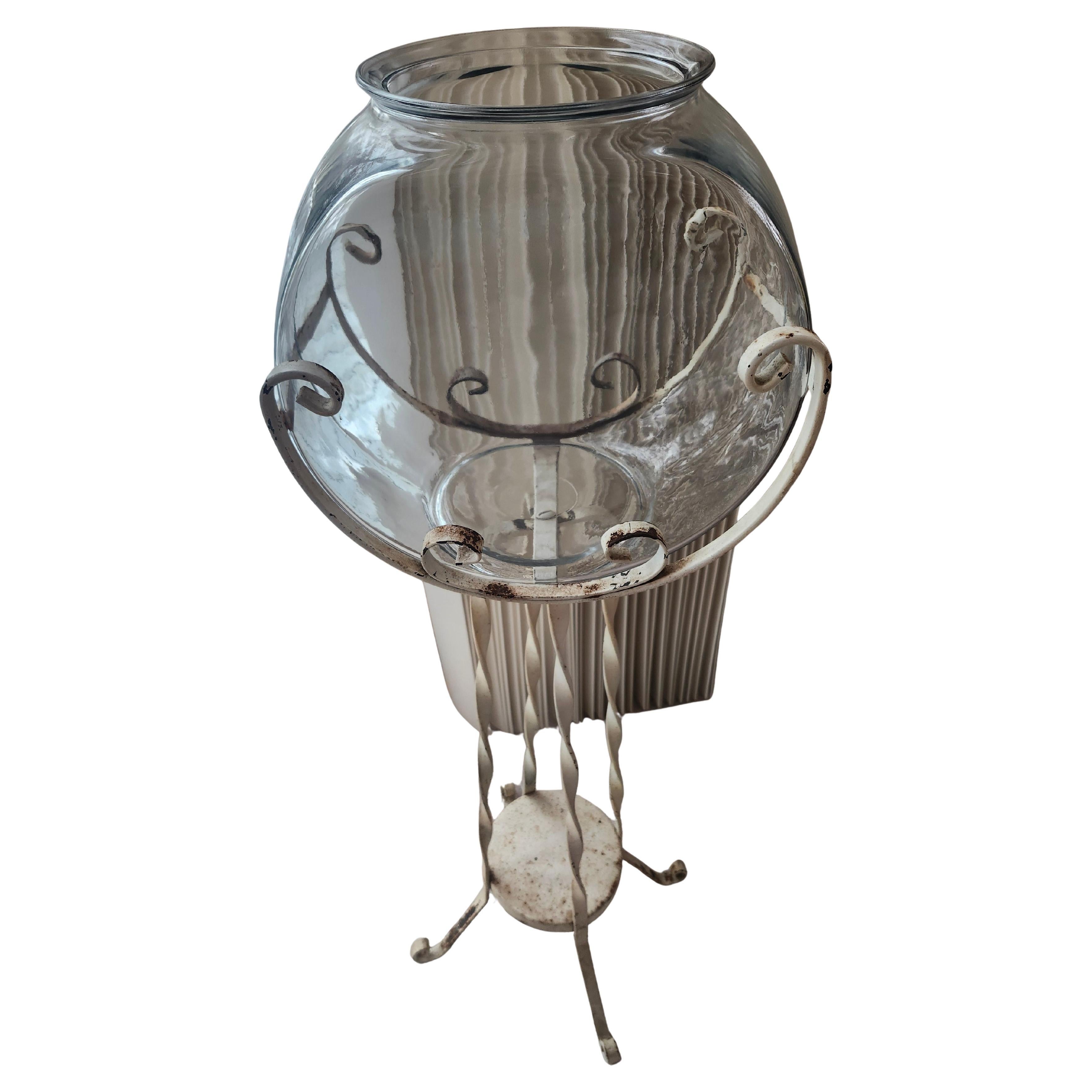 Art Deco Wrought Iron Fish Bowl Stand with Glass Bowl In Good Condition For Sale In Port Jervis, NY