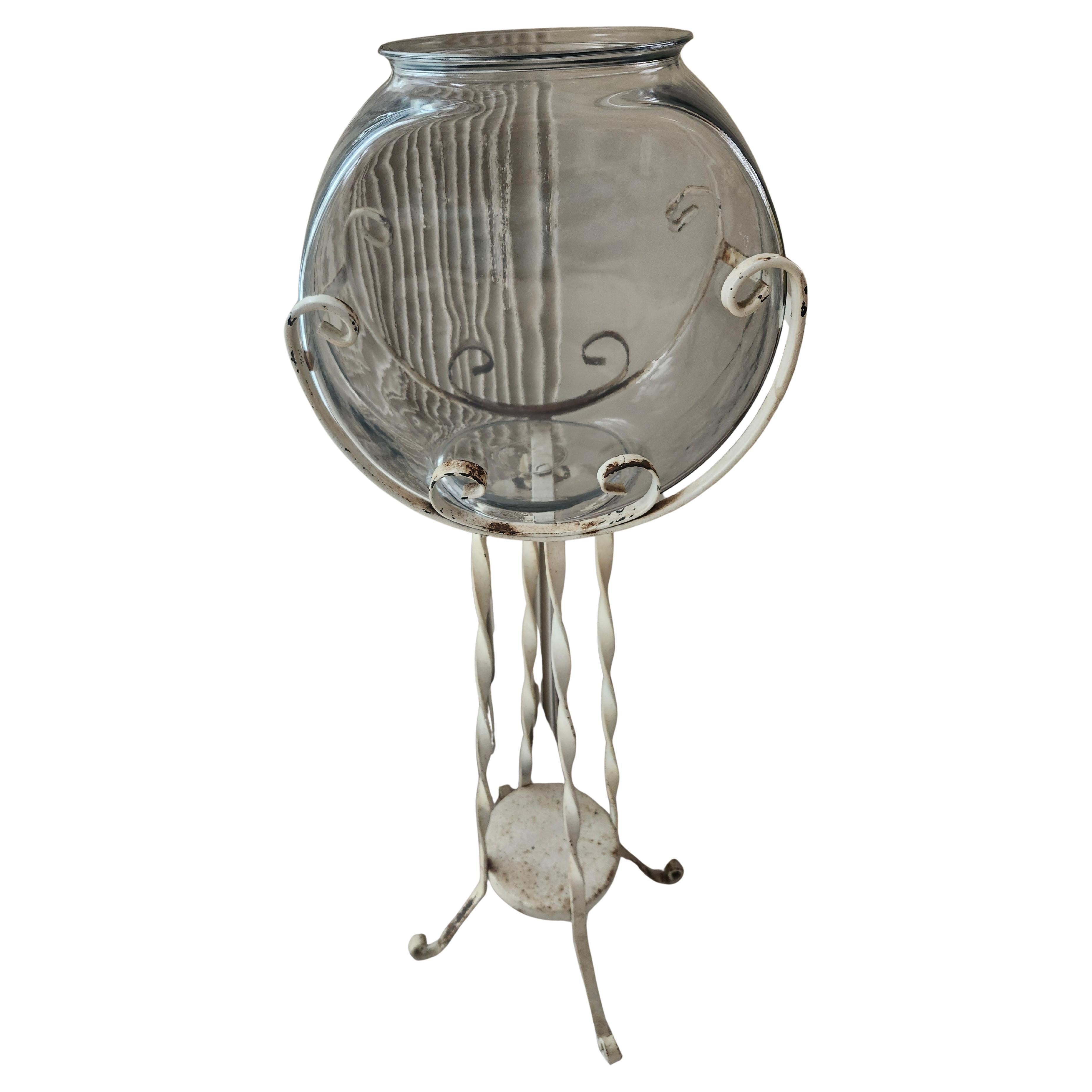 Art Deco Wrought Iron Fish Bowl Stand with Glass Bowl For Sale 1