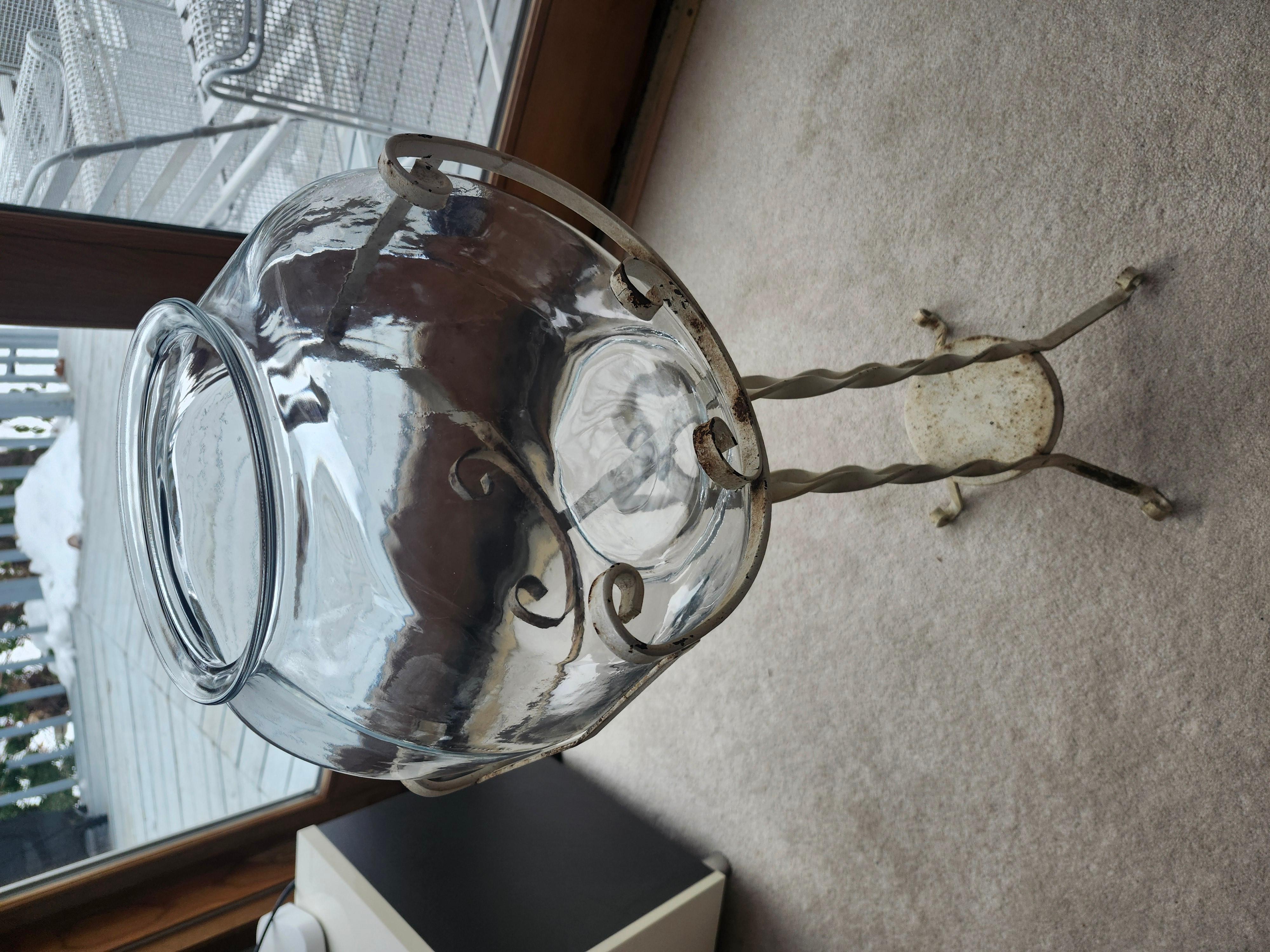 Art Deco Wrought Iron Fish Bowl Stand with Glass Bowl For Sale 3