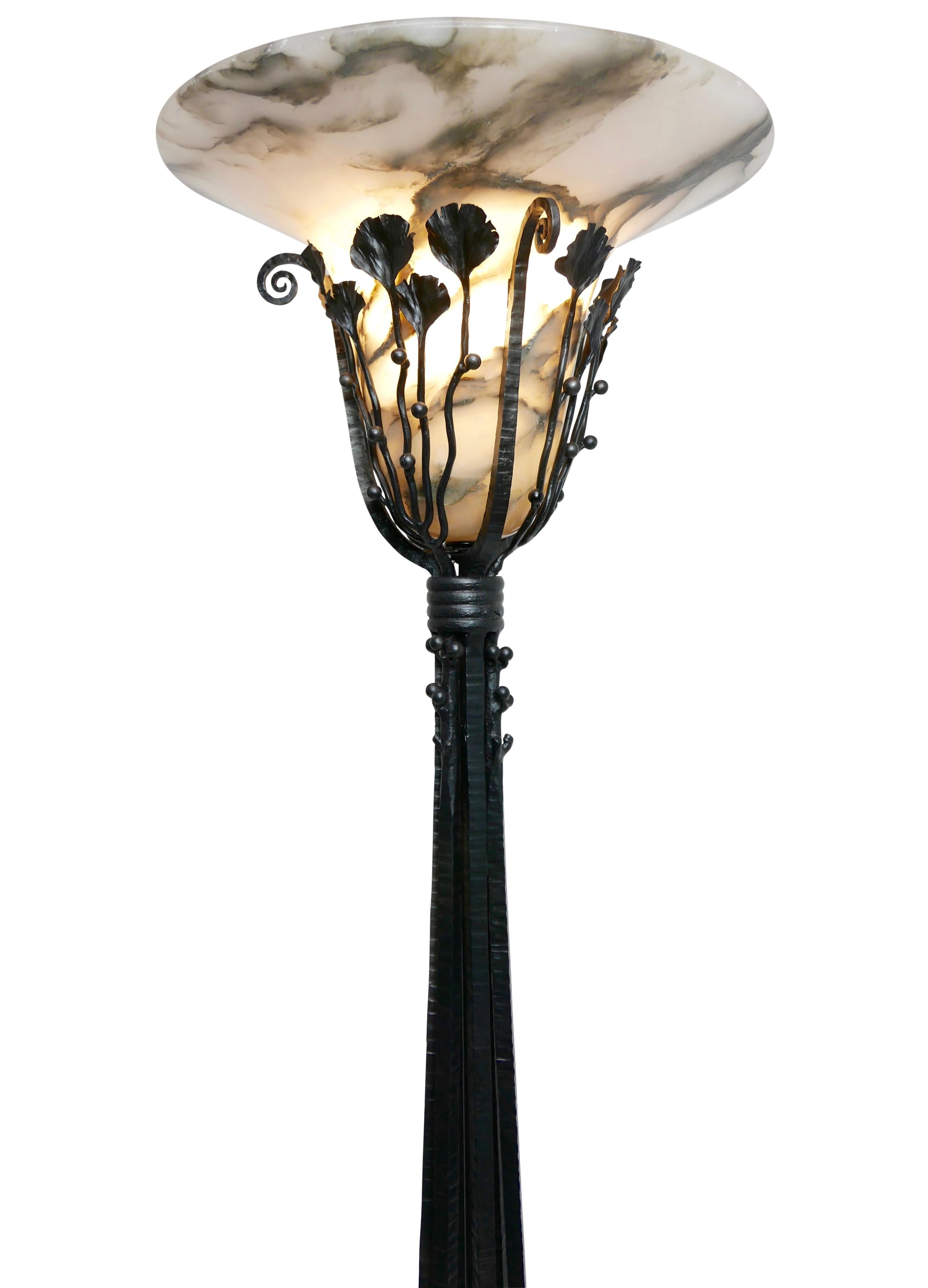 Art Deco Wrought Iron Floor Lamp with Alabaster Shade, French, circa 1920 For Sale 7