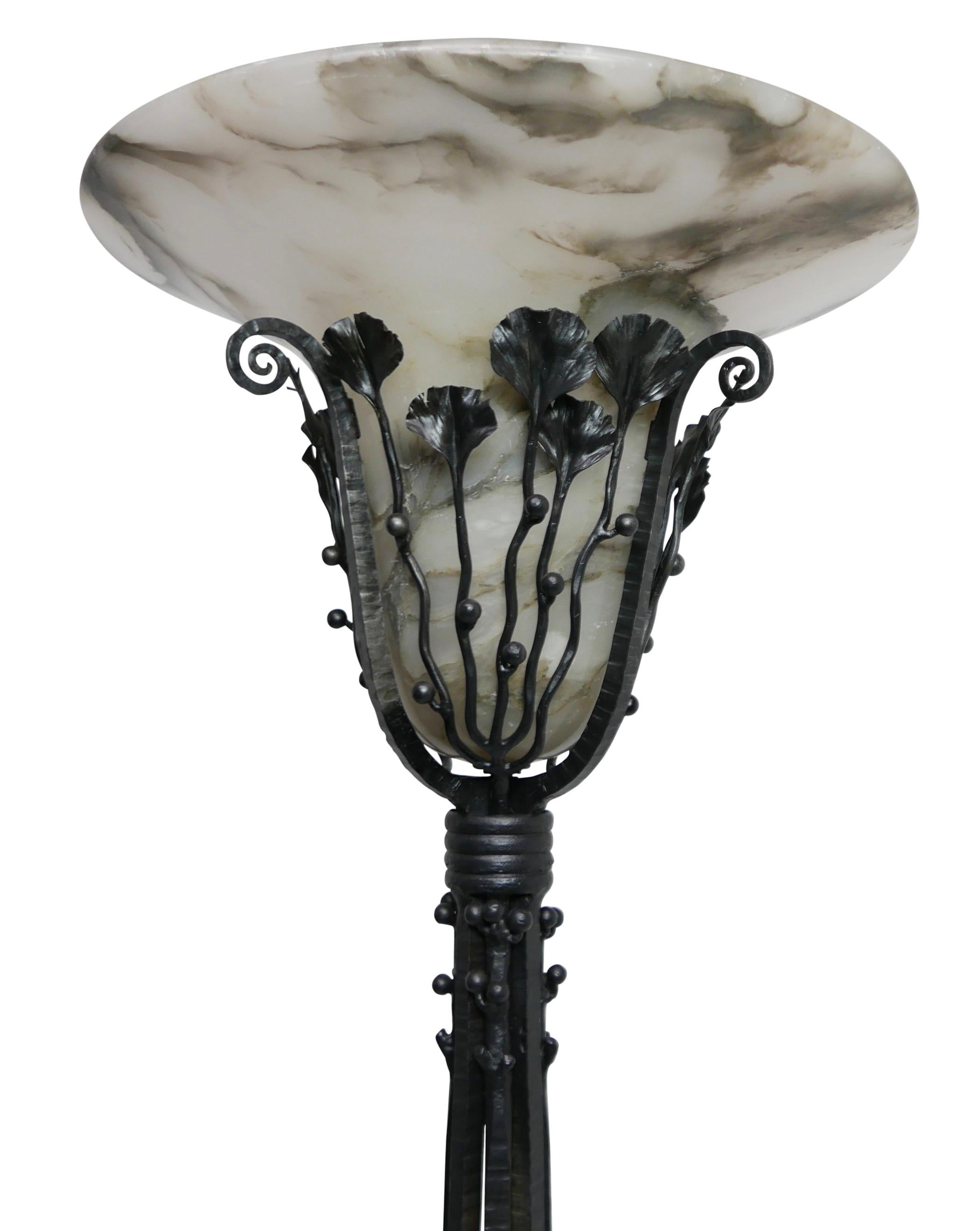 Art Deco Wrought Iron Floor Lamp with Alabaster Shade, French, circa 1920 In Good Condition For Sale In San Francisco, CA