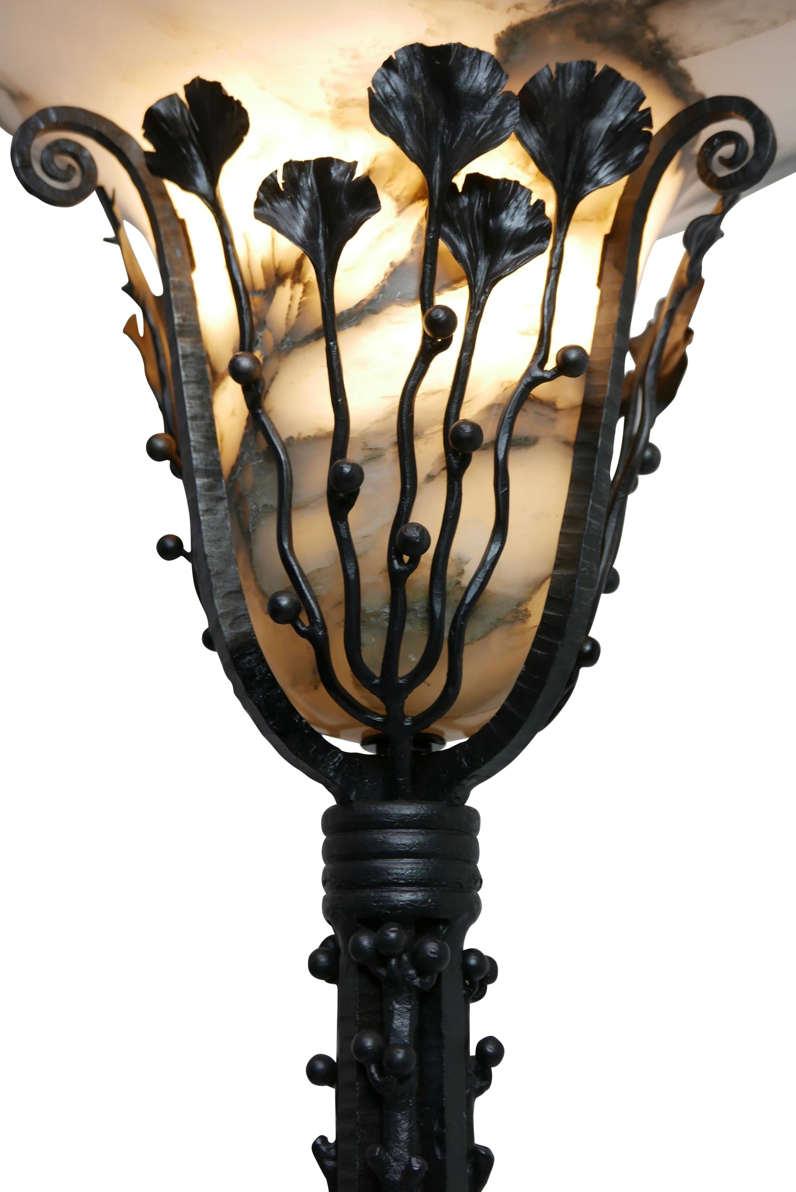 20th Century Art Deco Wrought Iron Floor Lamp with Alabaster Shade, French, circa 1920 For Sale