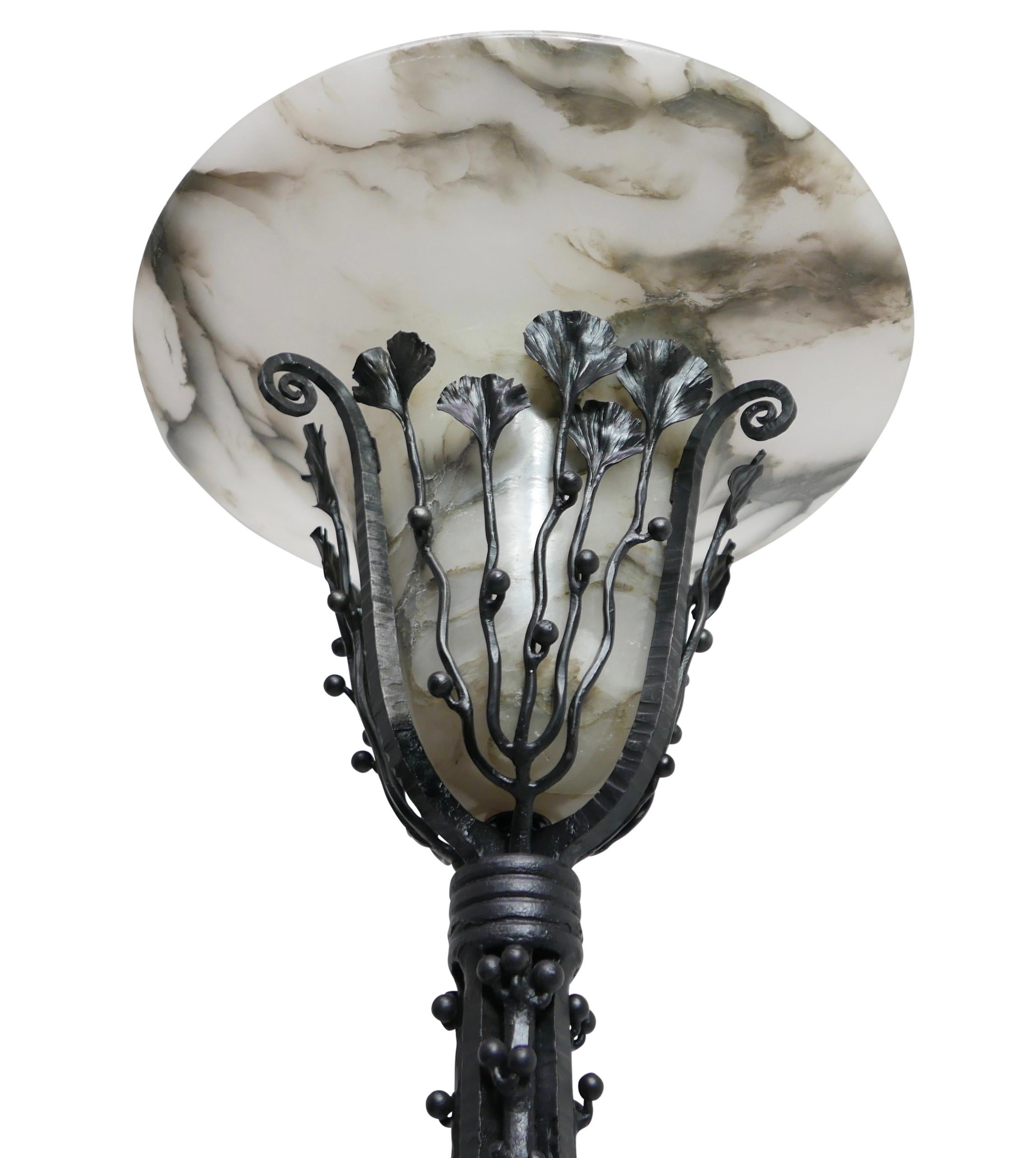 Art Deco Wrought Iron Floor Lamp with Alabaster Shade, French, circa 1920 For Sale 1