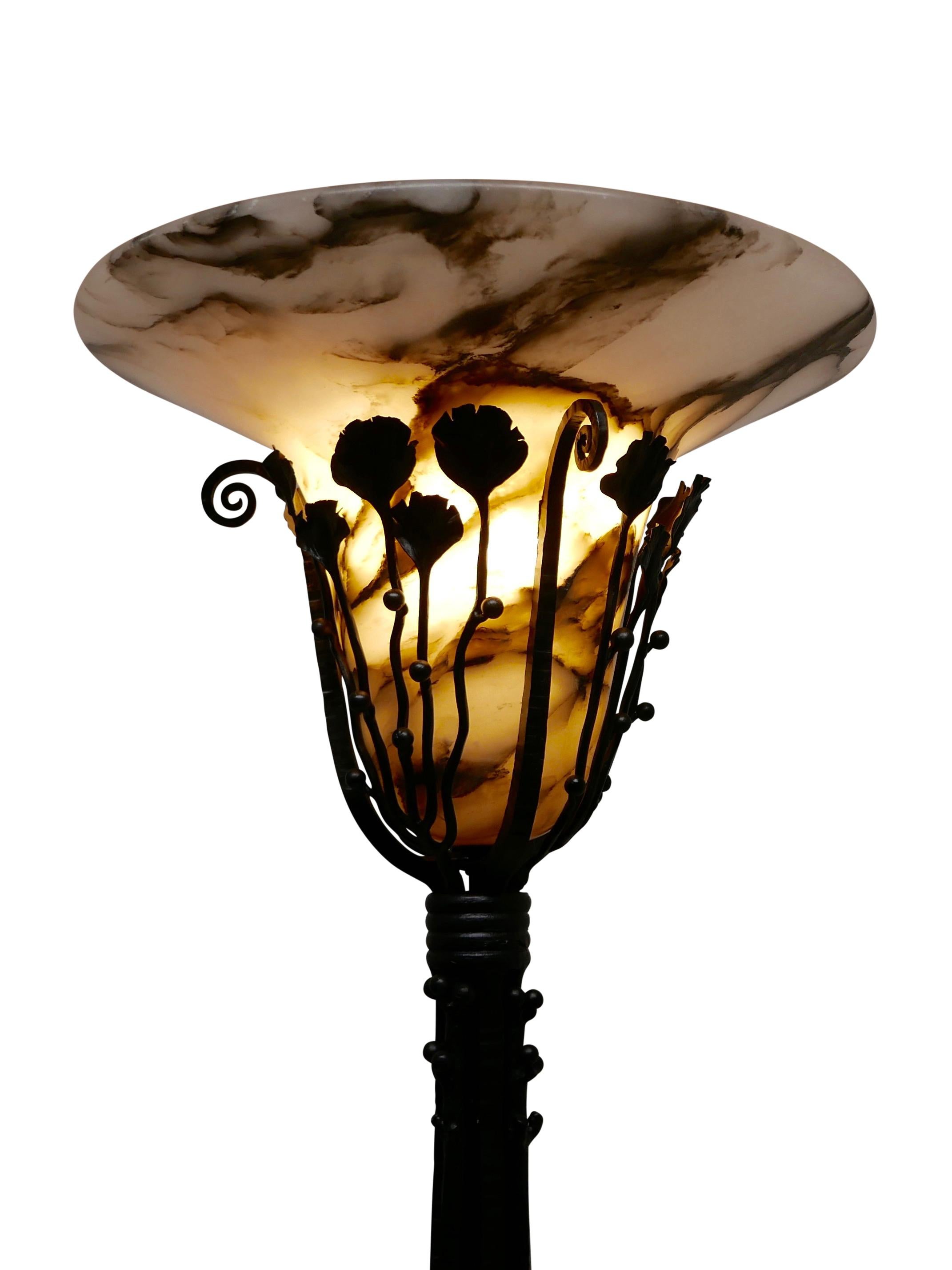 Art Deco Wrought Iron Floor Lamp with Alabaster Shade, French, circa 1920 For Sale 2