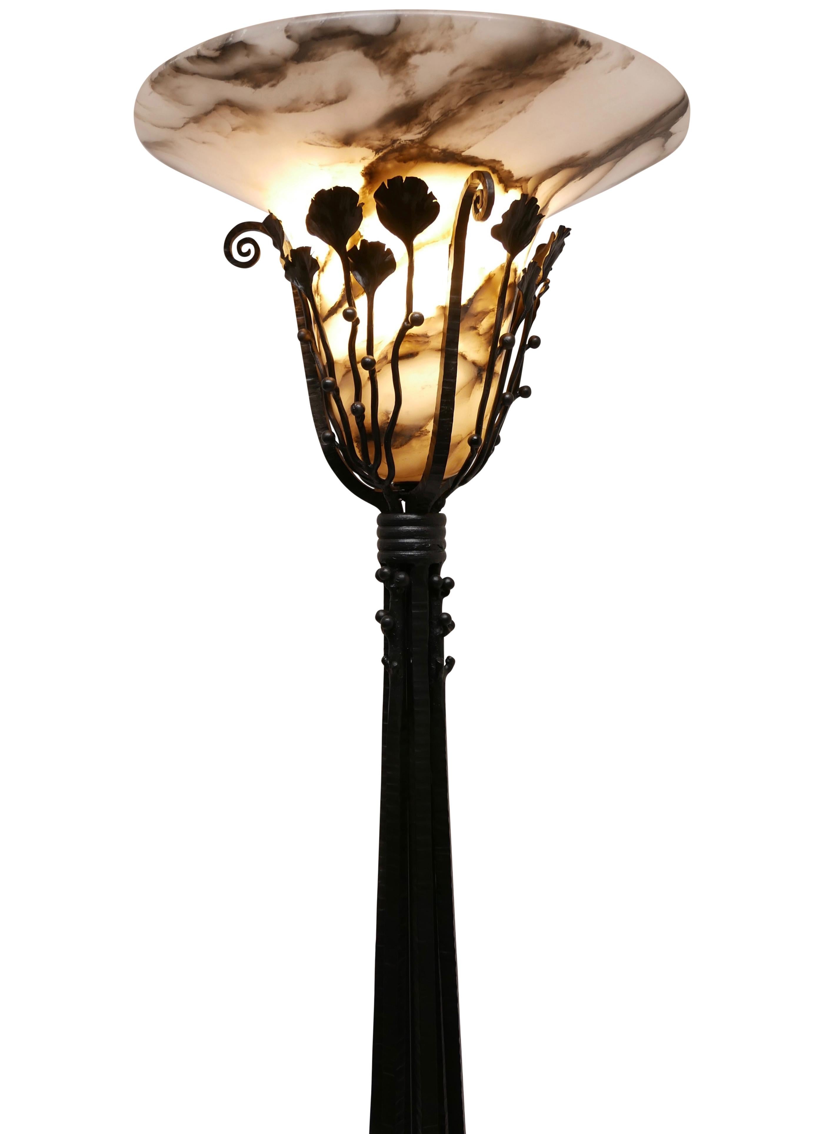 Art Deco Wrought Iron Floor Lamp with Alabaster Shade, French, circa 1920 For Sale 4
