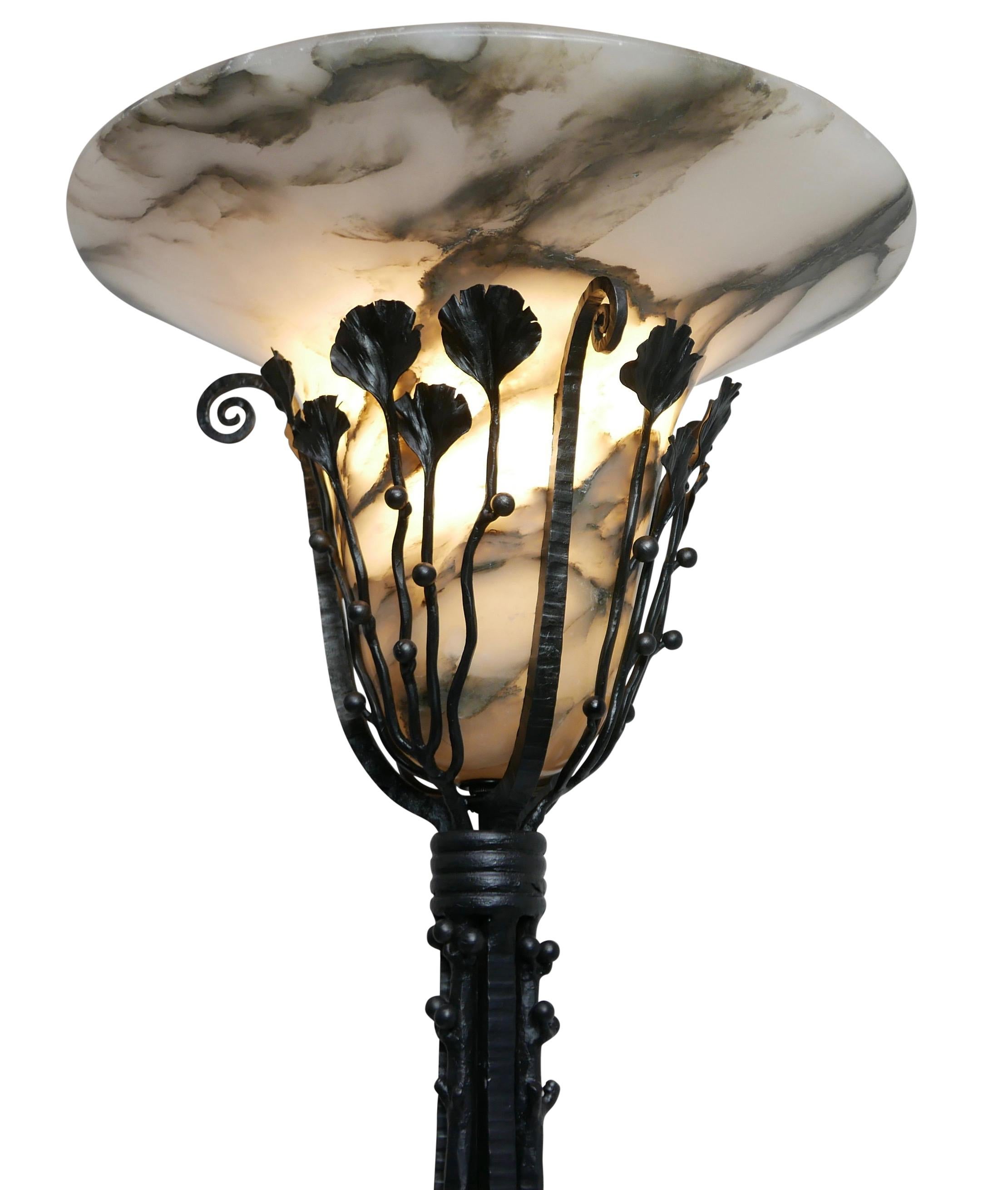 Art Deco Wrought Iron Floor Lamp with Alabaster Shade, French, circa 1920 For Sale 5