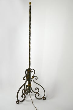 Art Deco Wrought Iron Floor Lamp with Green and Gold Patina, 1940s