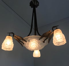Art & Deco Wrought Iron & Glass 4-Light Pendant / Chandelier with 3 Stork Birds