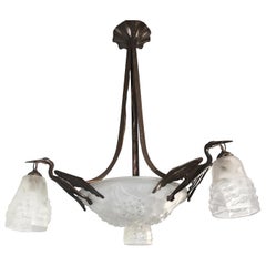 Antique Art & Deco Wrought Iron & Glass 4-Light Pendant / Chandelier with 3 Stork Birds