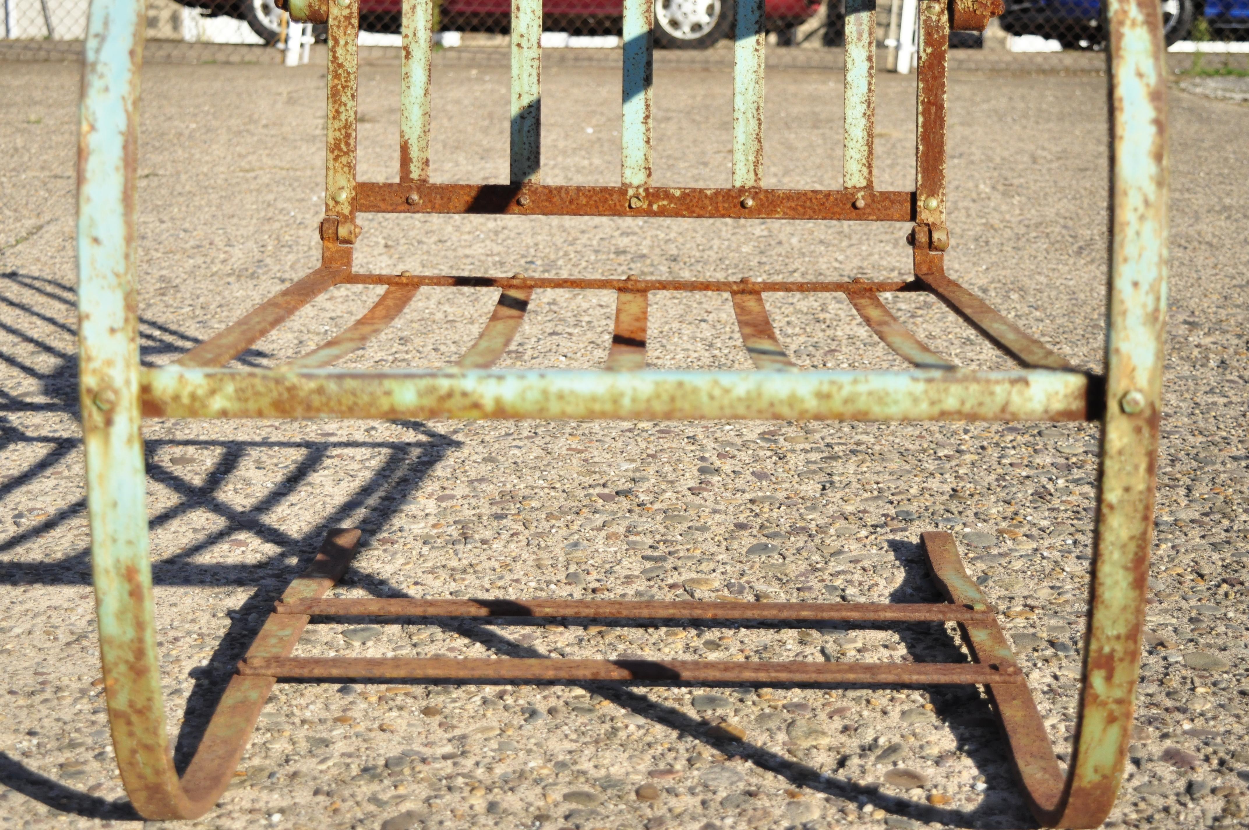 Art Deco Wrought Iron Green Distress Paint Patio Bouncer Lounge Chairs, a Pair 3