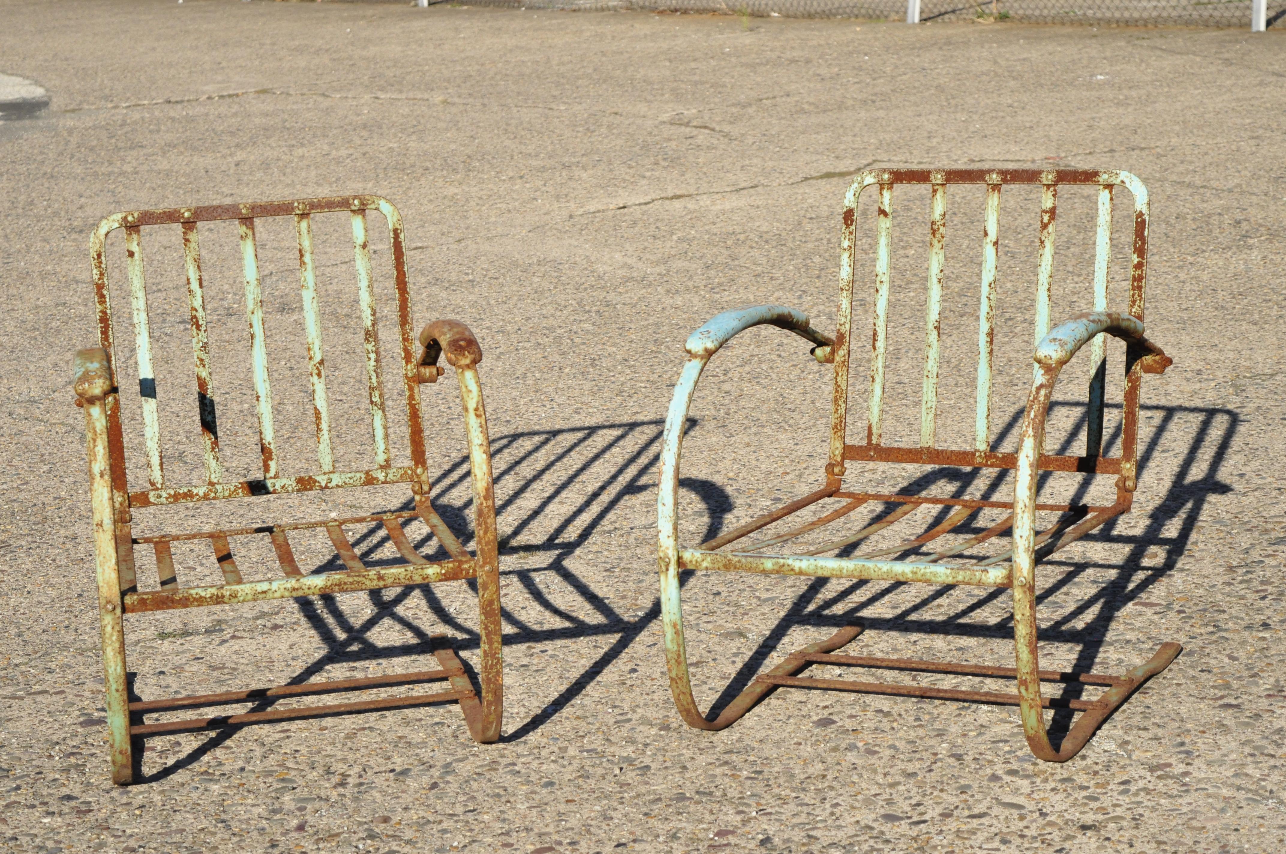Art Deco Wrought Iron Green Distress Paint Patio Bouncer Lounge Chairs, a Pair 4