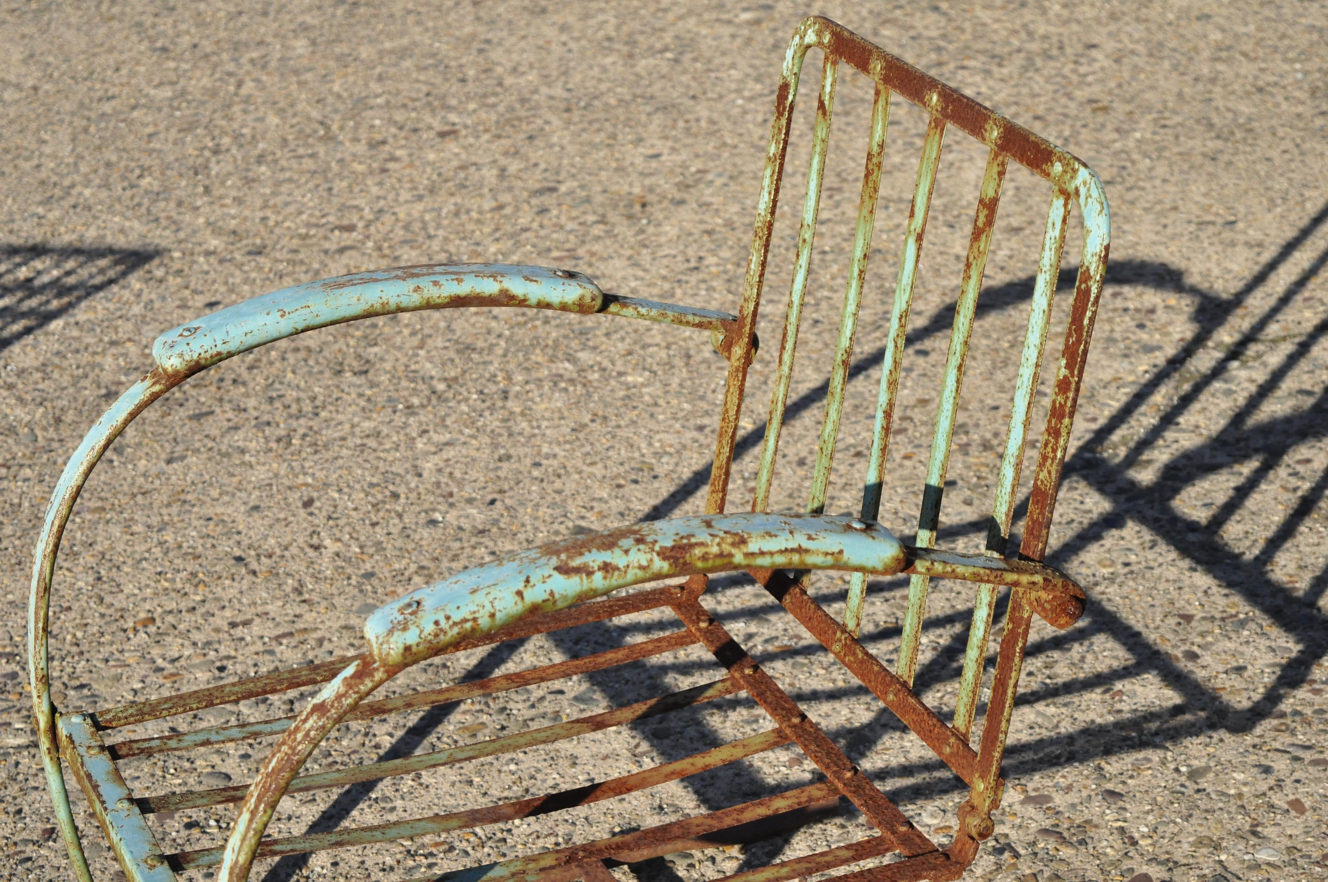 Mid-Century Modern Art Deco Wrought Iron Green Distress Paint Patio Bouncer Lounge Chairs, a Pair