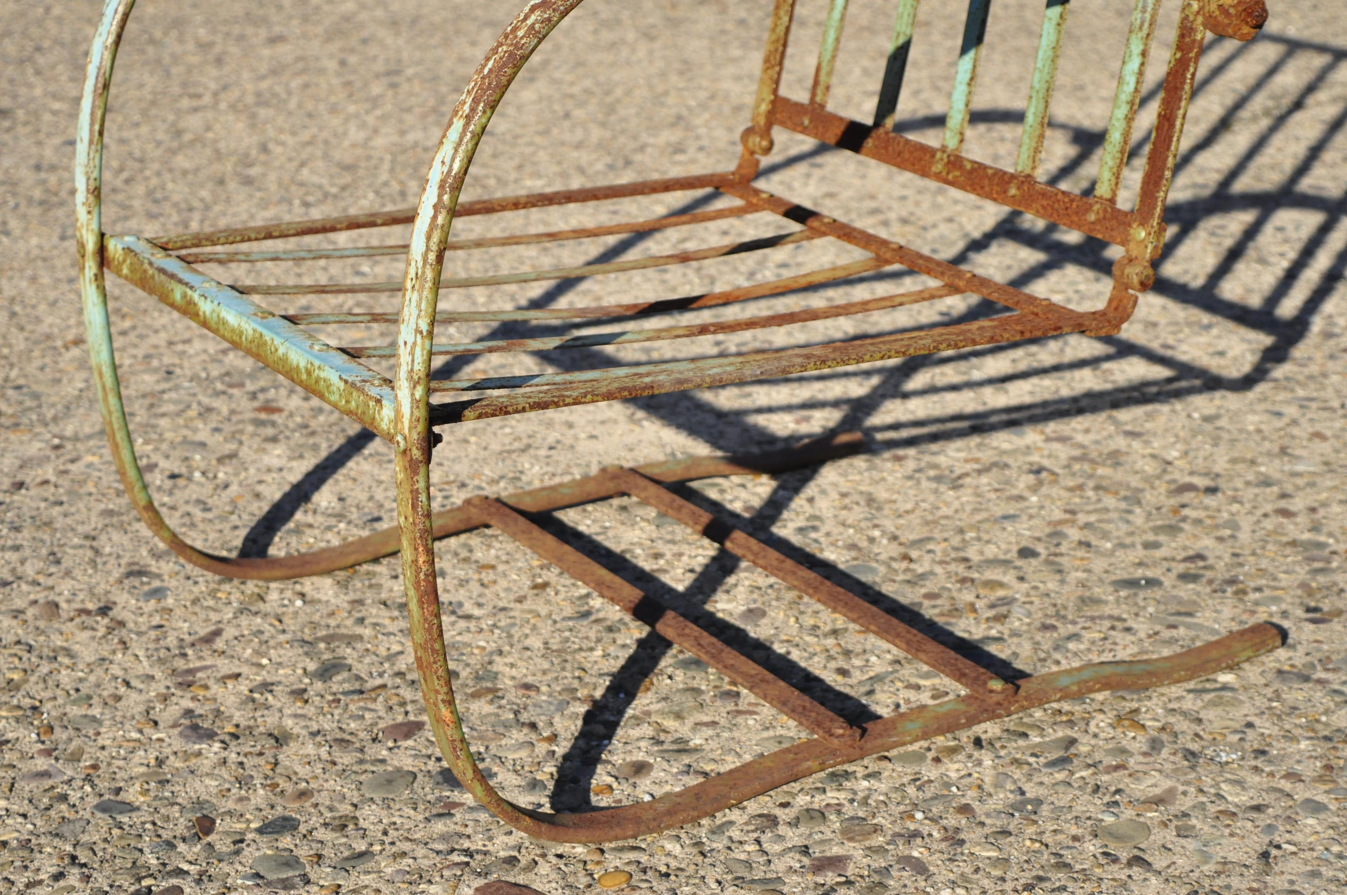 North American Art Deco Wrought Iron Green Distress Paint Patio Bouncer Lounge Chairs, a Pair